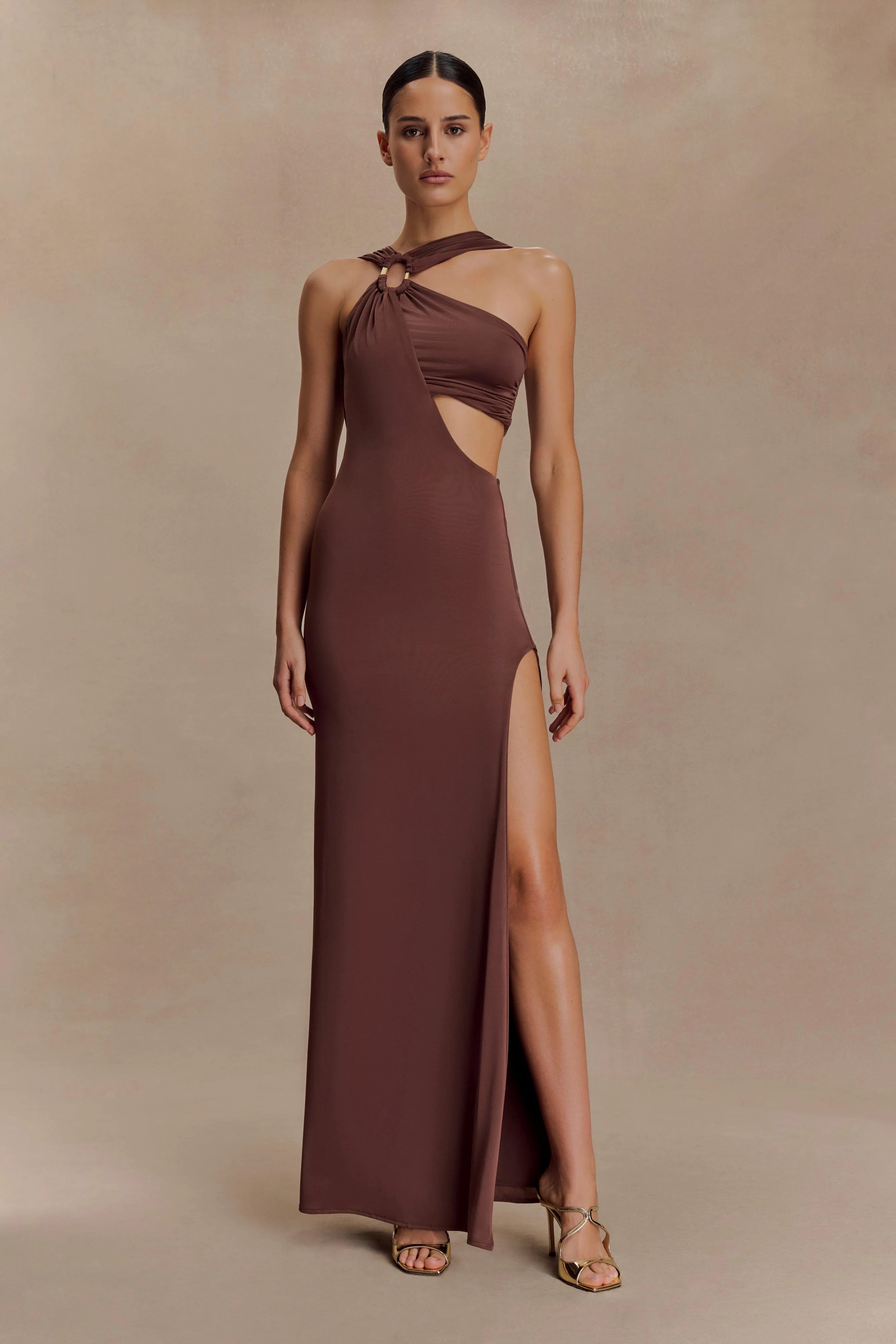 Lottie Slinky Maxi Dress With Split Chocolate