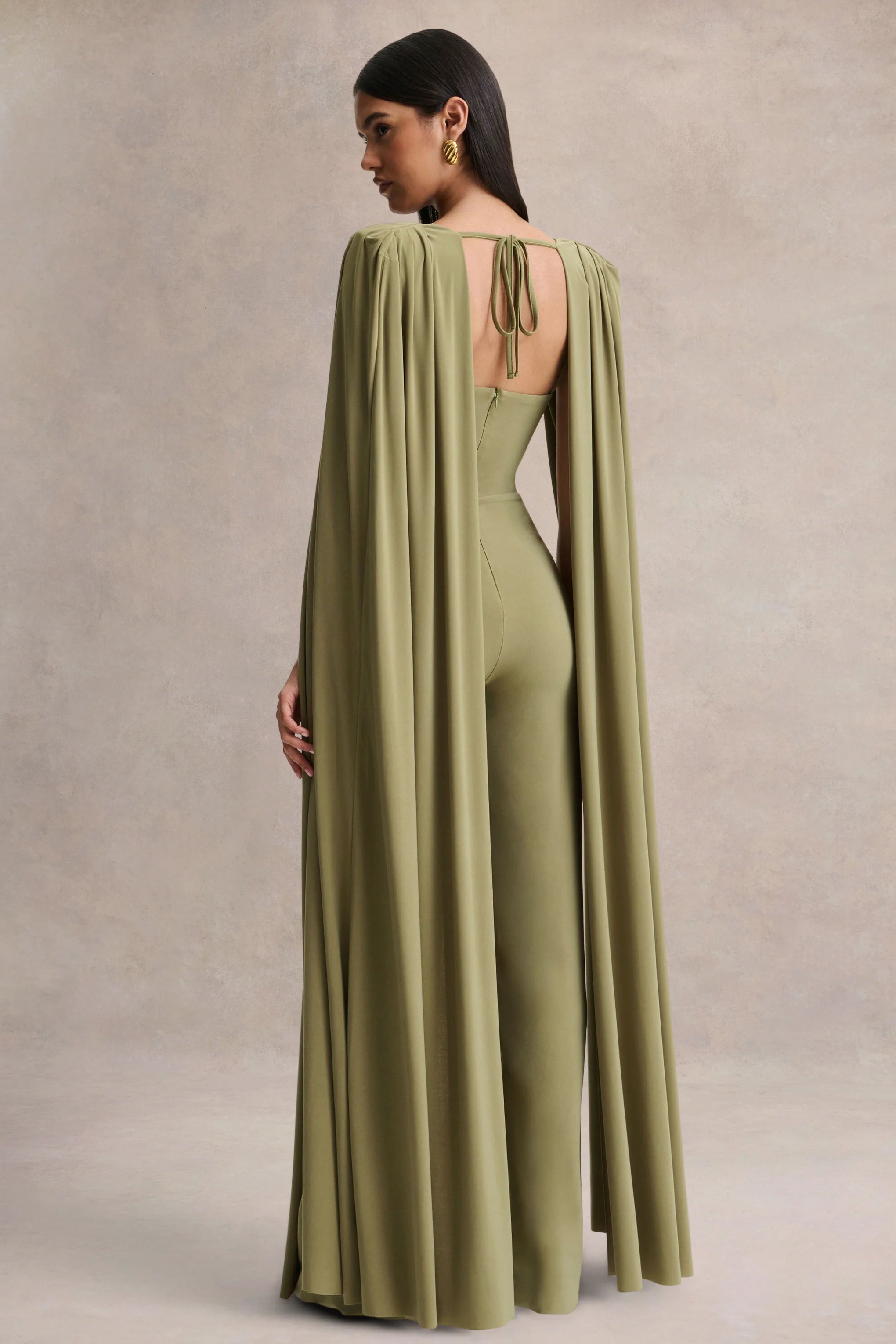 Labina Green Plunge Neck Jumpsuit With Cape Sleeves