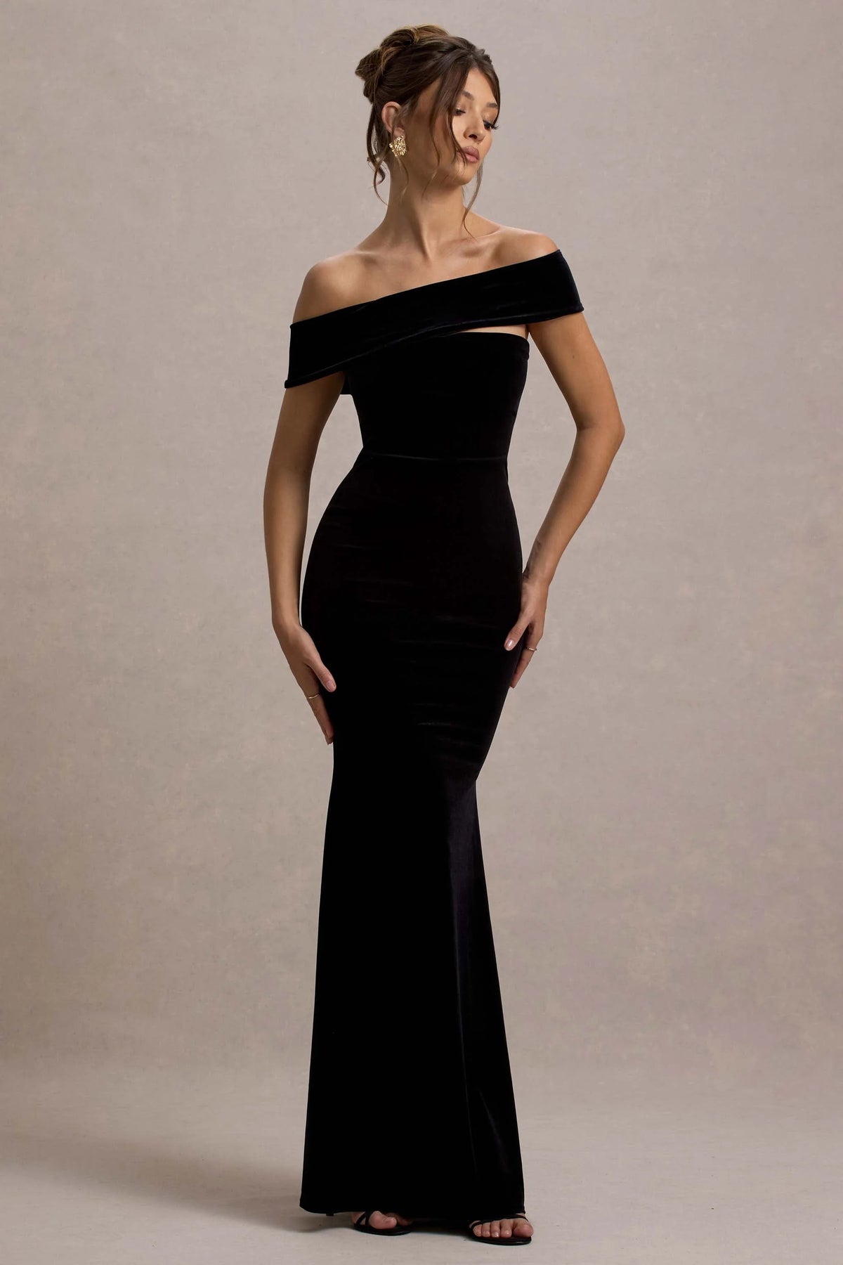 Candela Black Velvet Asymmetric Bardot Maxi Dress