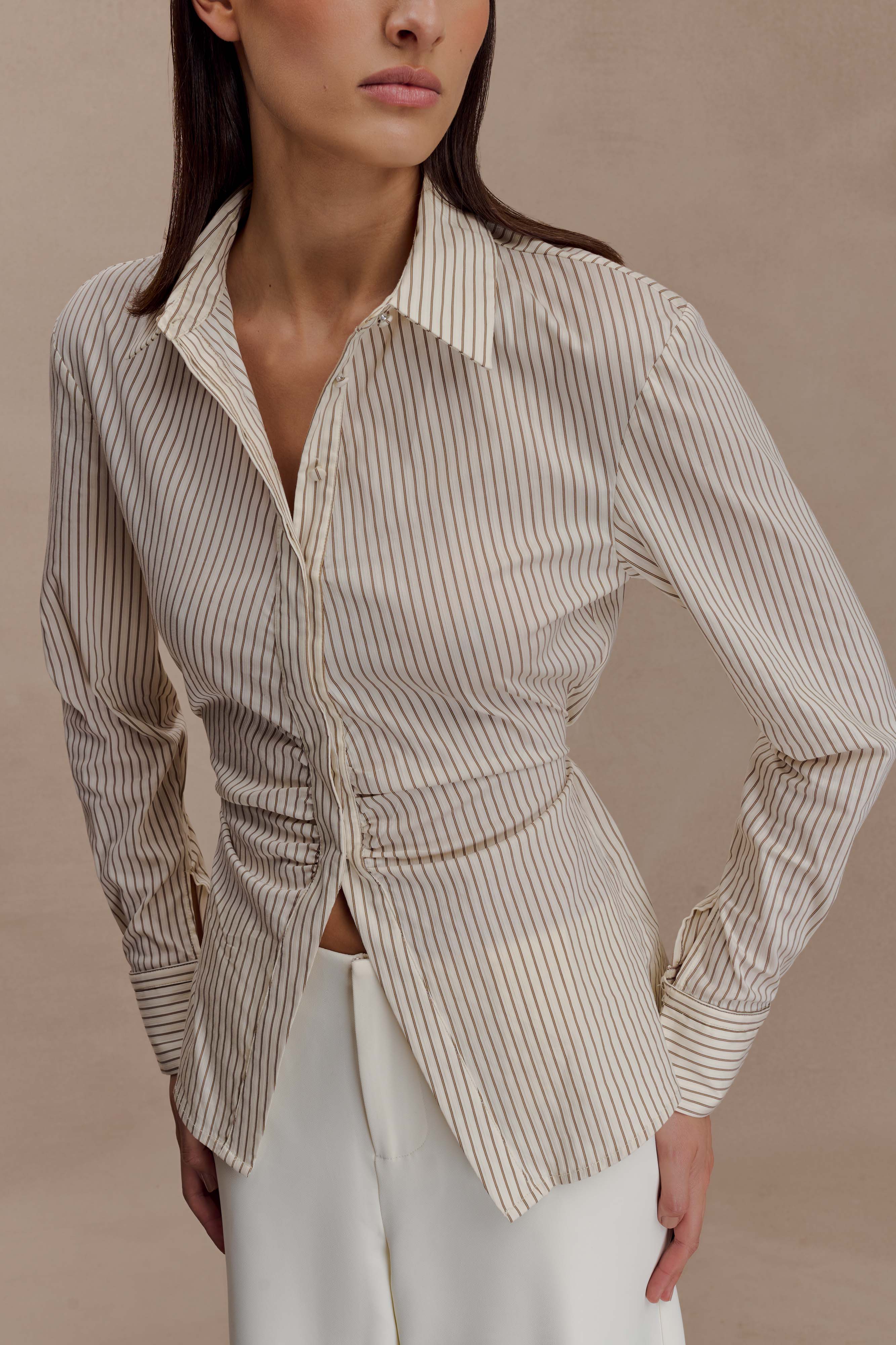Millie Tie Back Cotton Shirt Beige Pinstripe