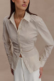 Millie Tie Back Cotton Shirt Beige Pinstripe