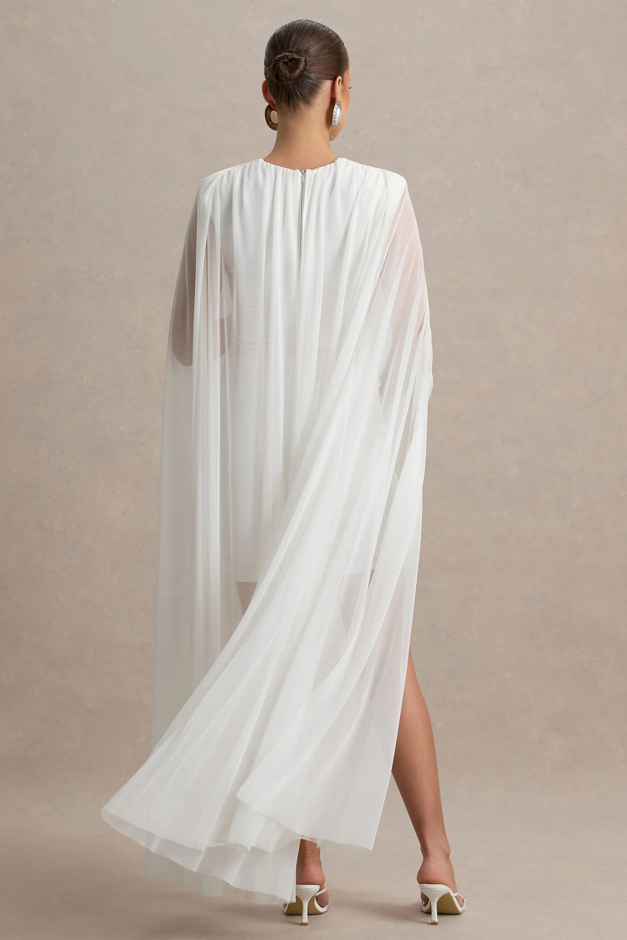 Charlene White High Neck Maternity Mini Dress With Mesh Cape