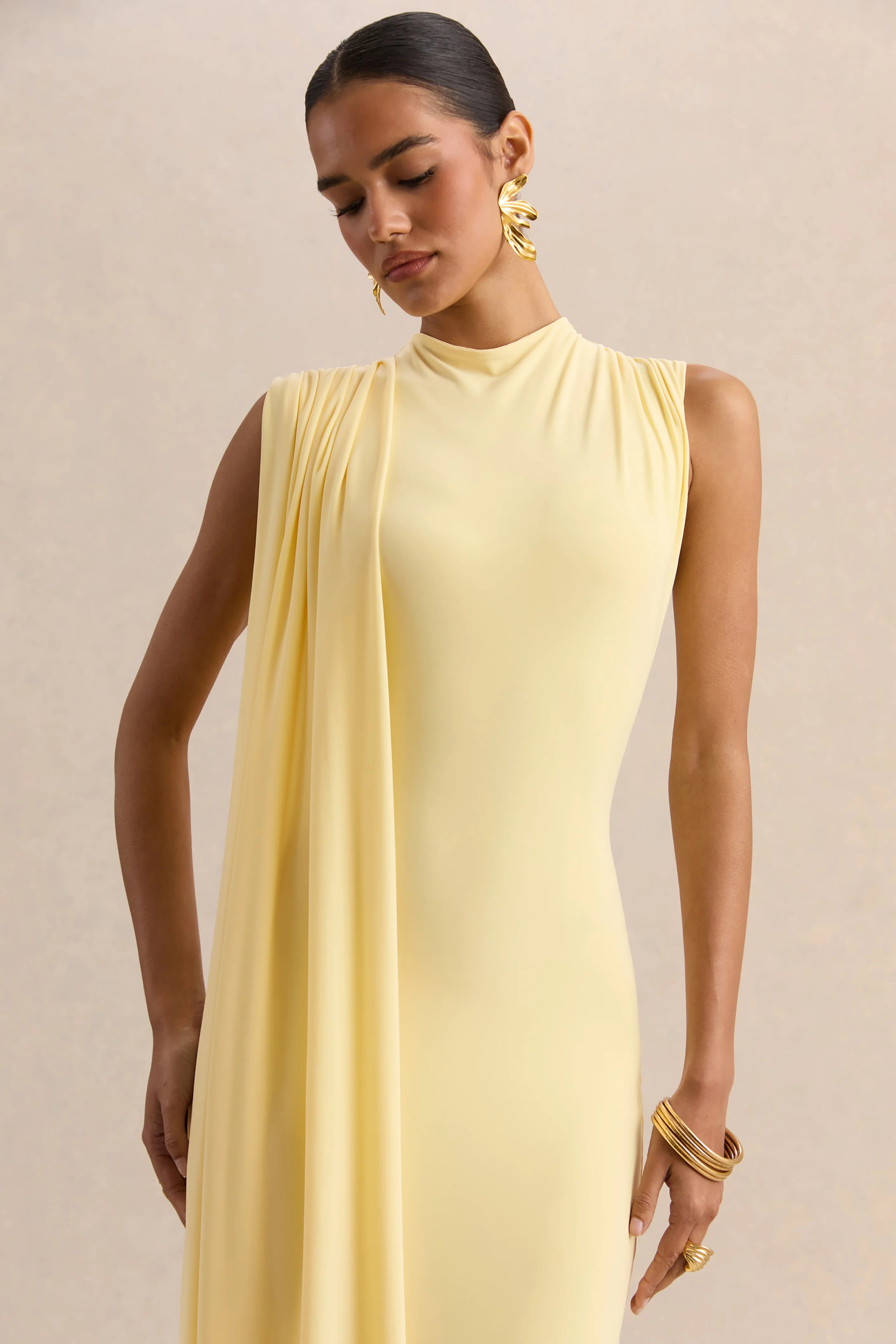 Oleandra Lemon High Neck Midi Dress With Draped Detail