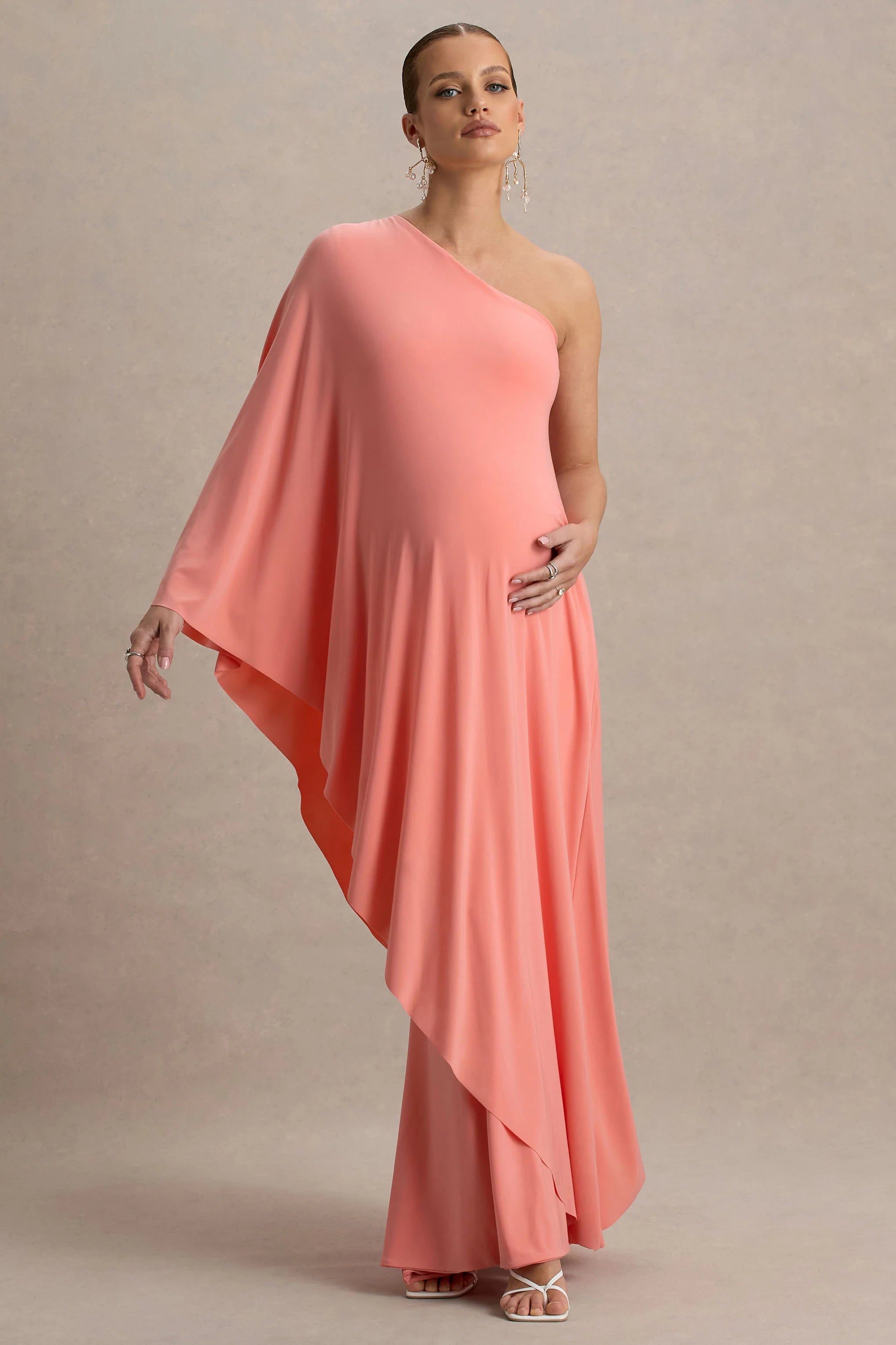 Waves Coral Asymmetric Maternity Maxi Dress With One Sleeve Cape
