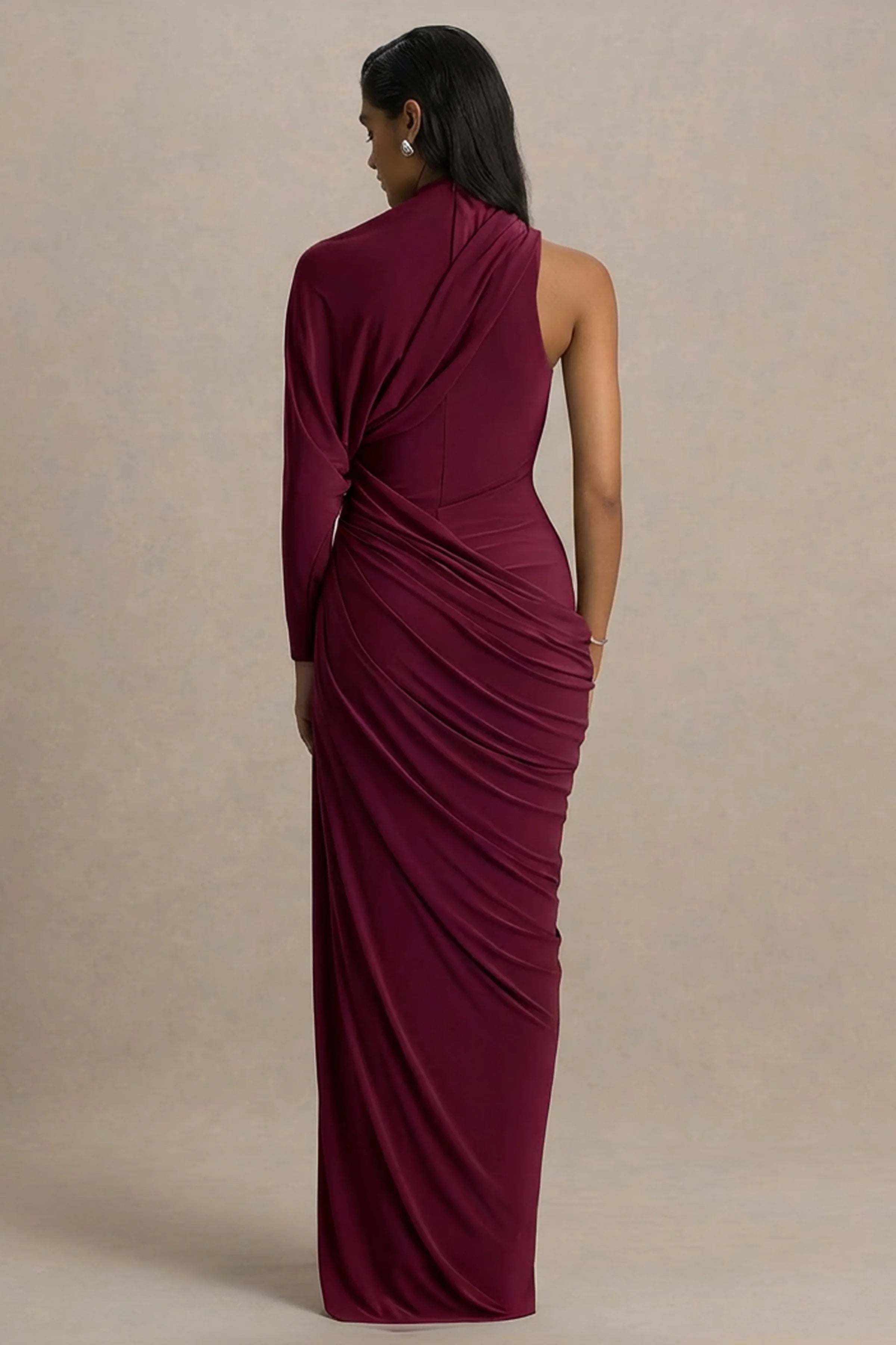 Aphra Burgundy High Neck Maxi Dress With Cape Sleeve
