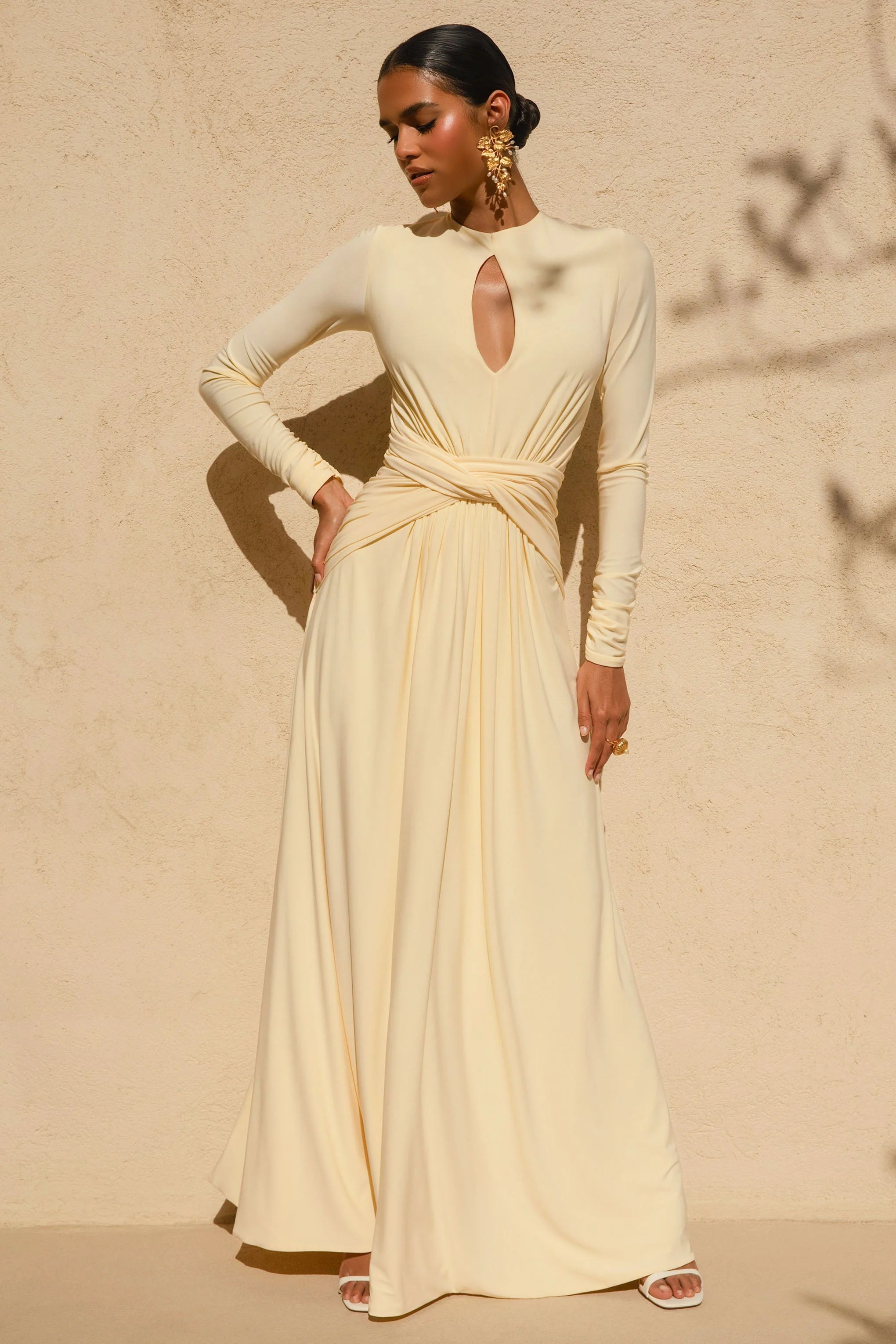 With Me Lemon High Neck Maxi Dress With Ruched Detailing