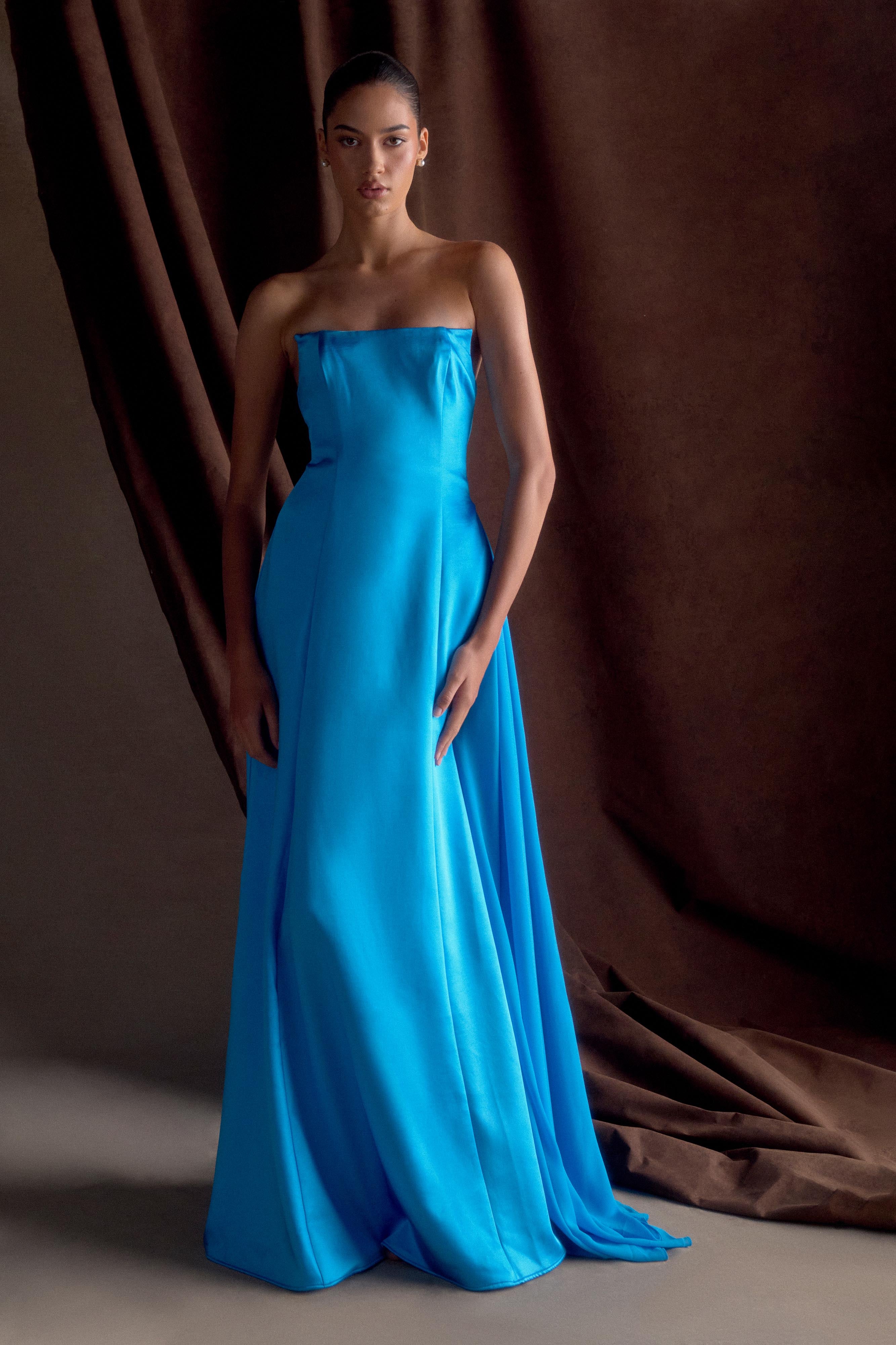 Rosella Satin Strapless Maxi Dress Cyan Blue