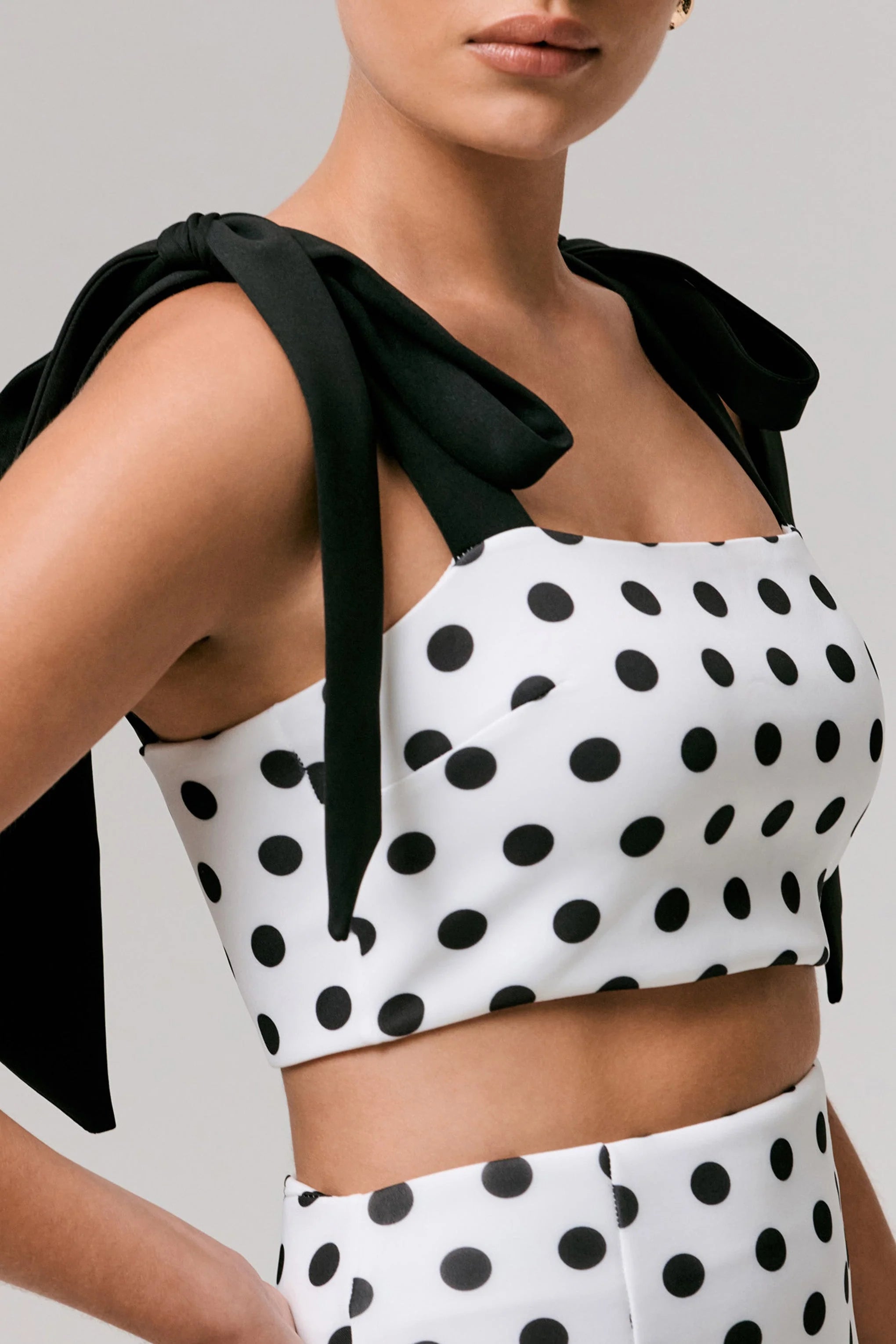 Phoebe Black White Polka Dot Crop Top With Tie Straps Tie