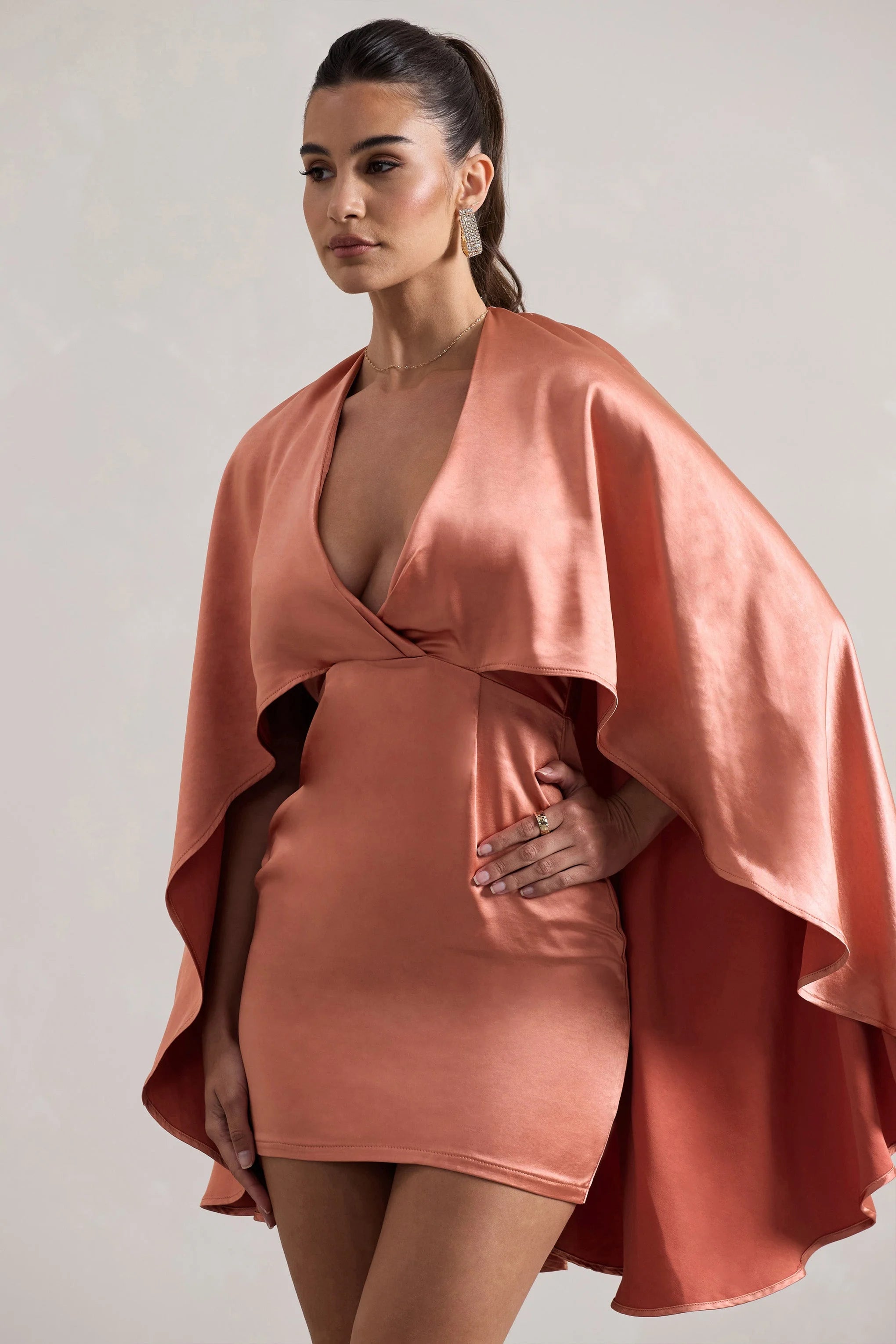 Olsen Coral Satin Plunge Neck Cape Mini Dress