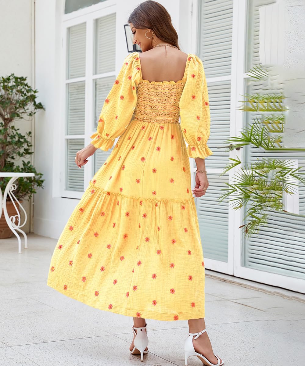 Women Floral Embroidered Maxi Dress Long Puff Sleeve Square Neck Bohemian Flowy Dress with Pockets Summer Fall