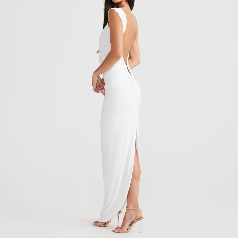 Women Sexy Backless Dress V Neck Sleeveless Open Back Split Maxi Dress Party Cocktail