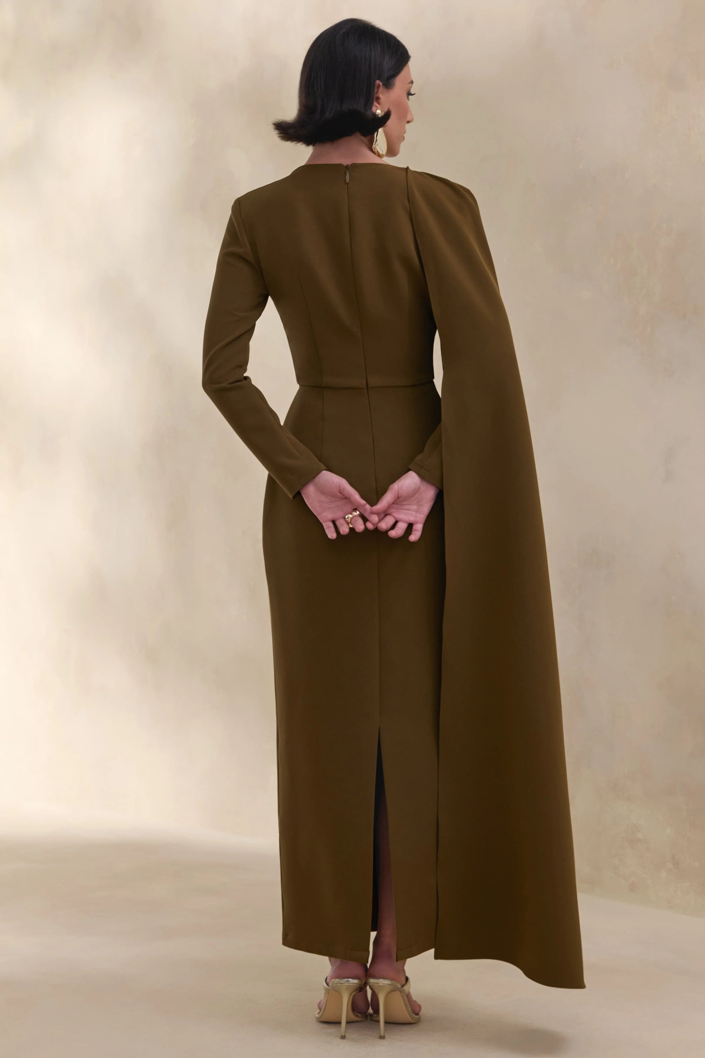 Jovea Olive Round Neck Maxi Dress With Cape Sleeve
