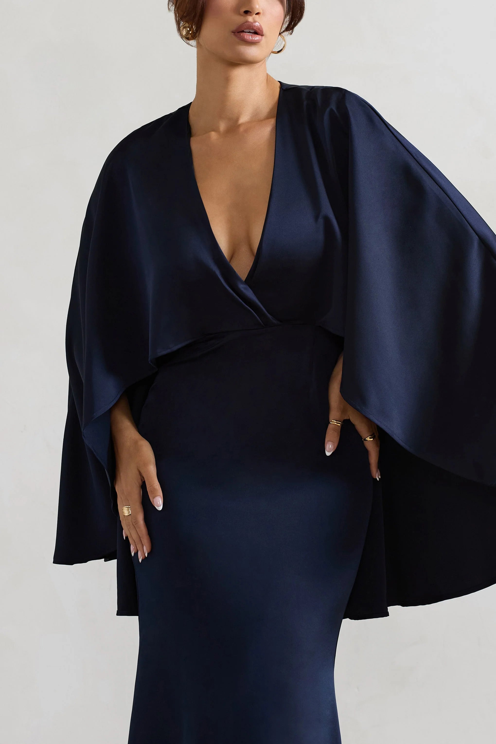 Yasie Navy Satin Plunge Neck Maxi Dress With Cape Sleeves