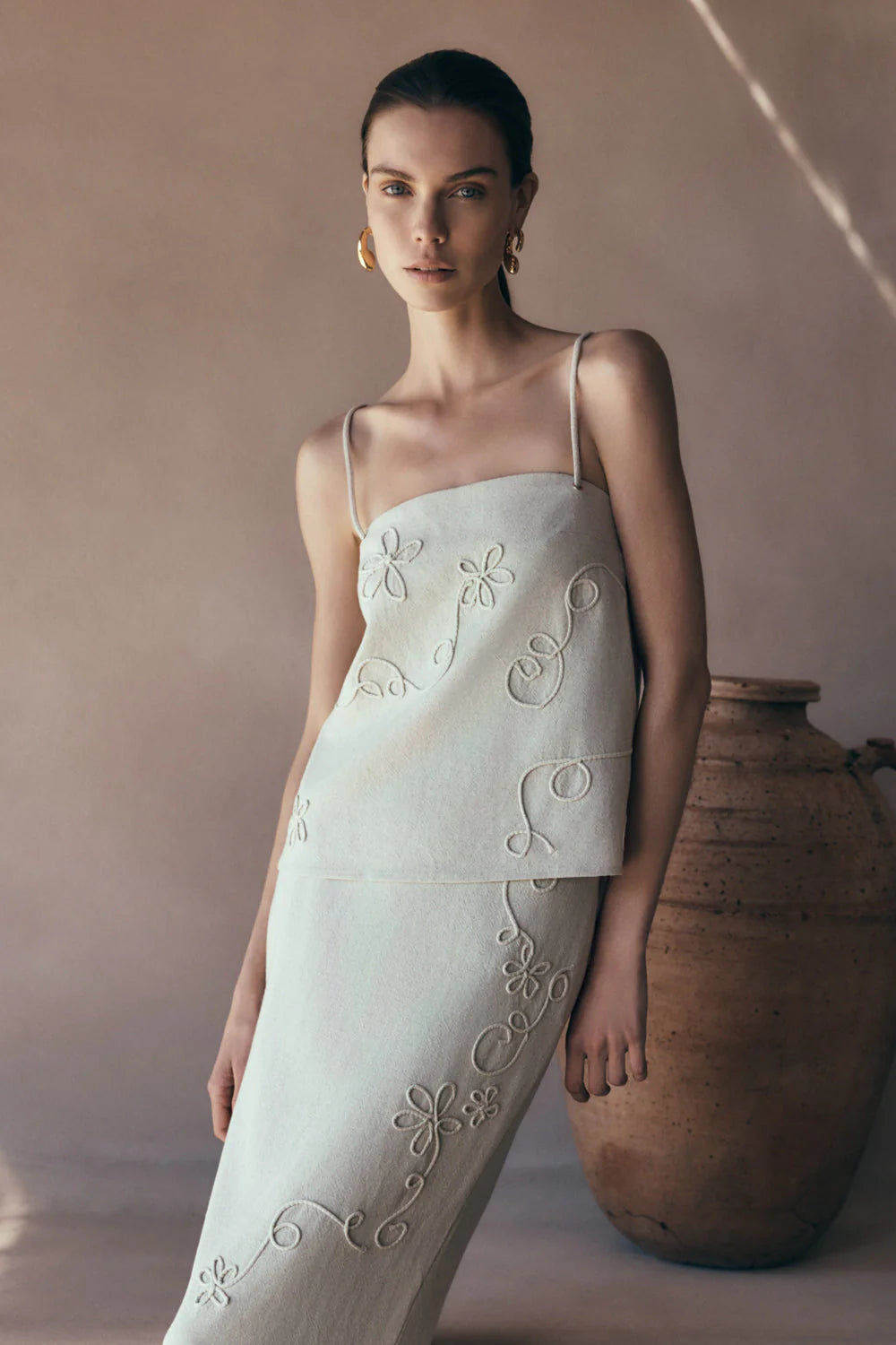 Casey Linen Corded Embroidered Linen Top Natural