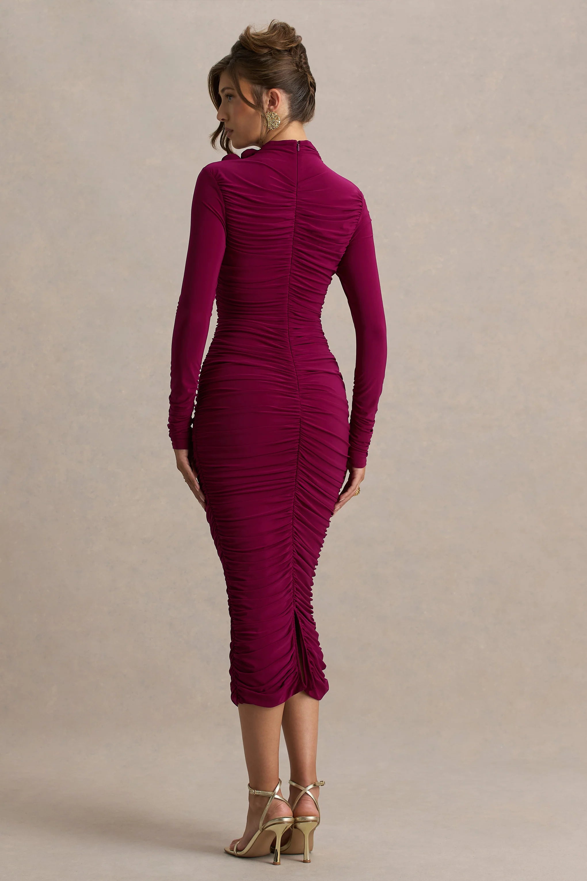 Tamara Burgundy Long Sleeve Ruched Midi Dress