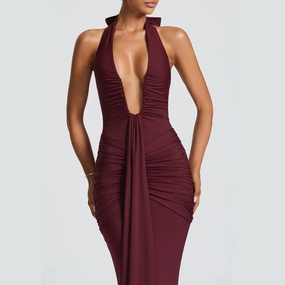 Women Deep V Neck Ruched Maxi Dress Sleeveless Halter Gown Cocktail Evening Formal Dresses