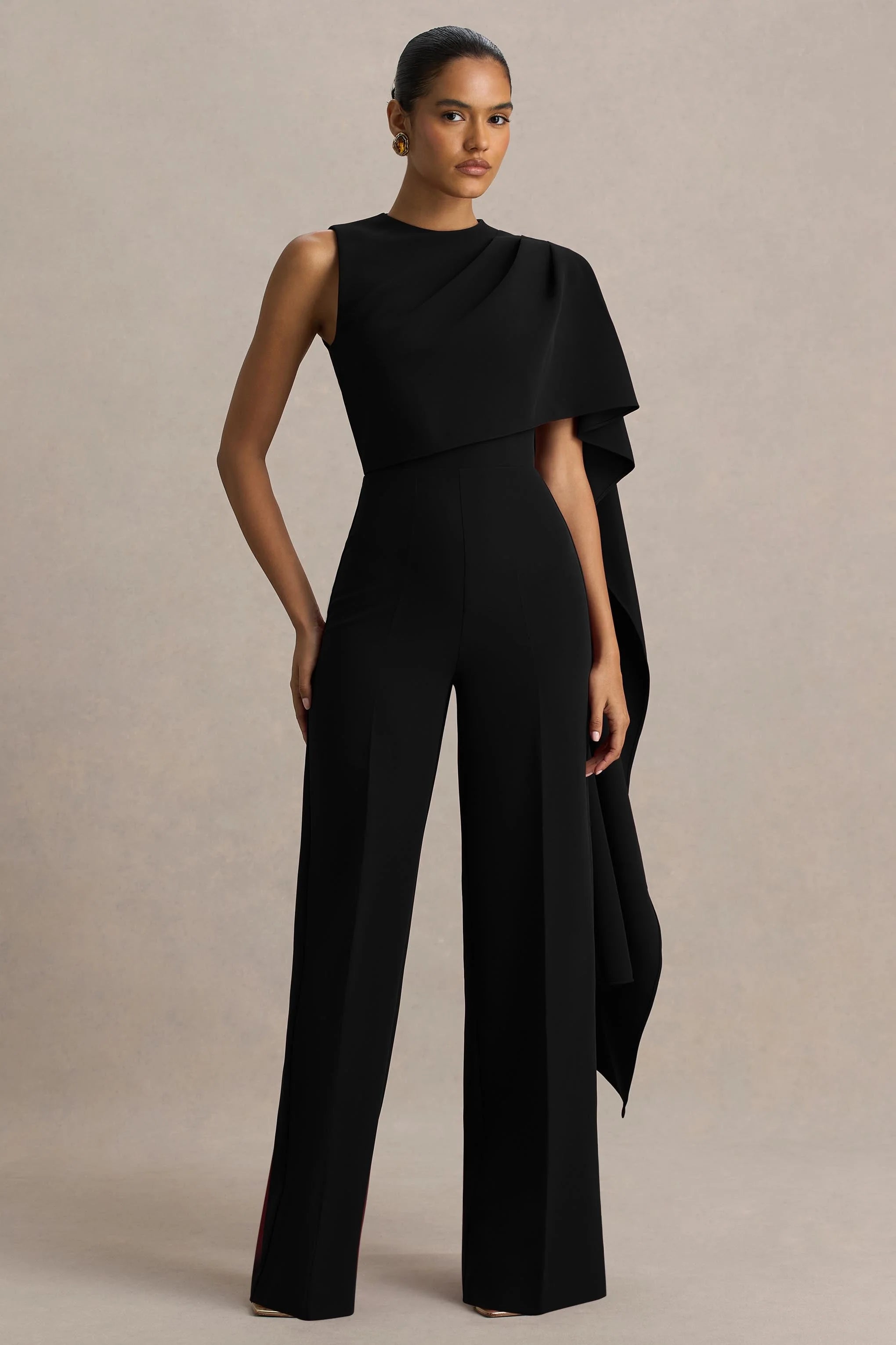 Sorenia Black High Neck Jumpsuit With One Cape Sleeve