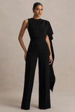 Sorenia Black High Neck Jumpsuit With One Cape Sleeve