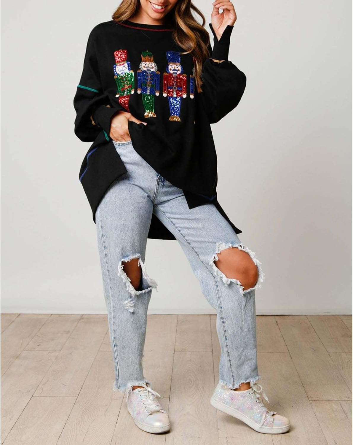 Christmas Sweatshirt for Women Funny Sequin Sweater Nutcracker Santa Xmas Graphic Oversized Pullover Tops