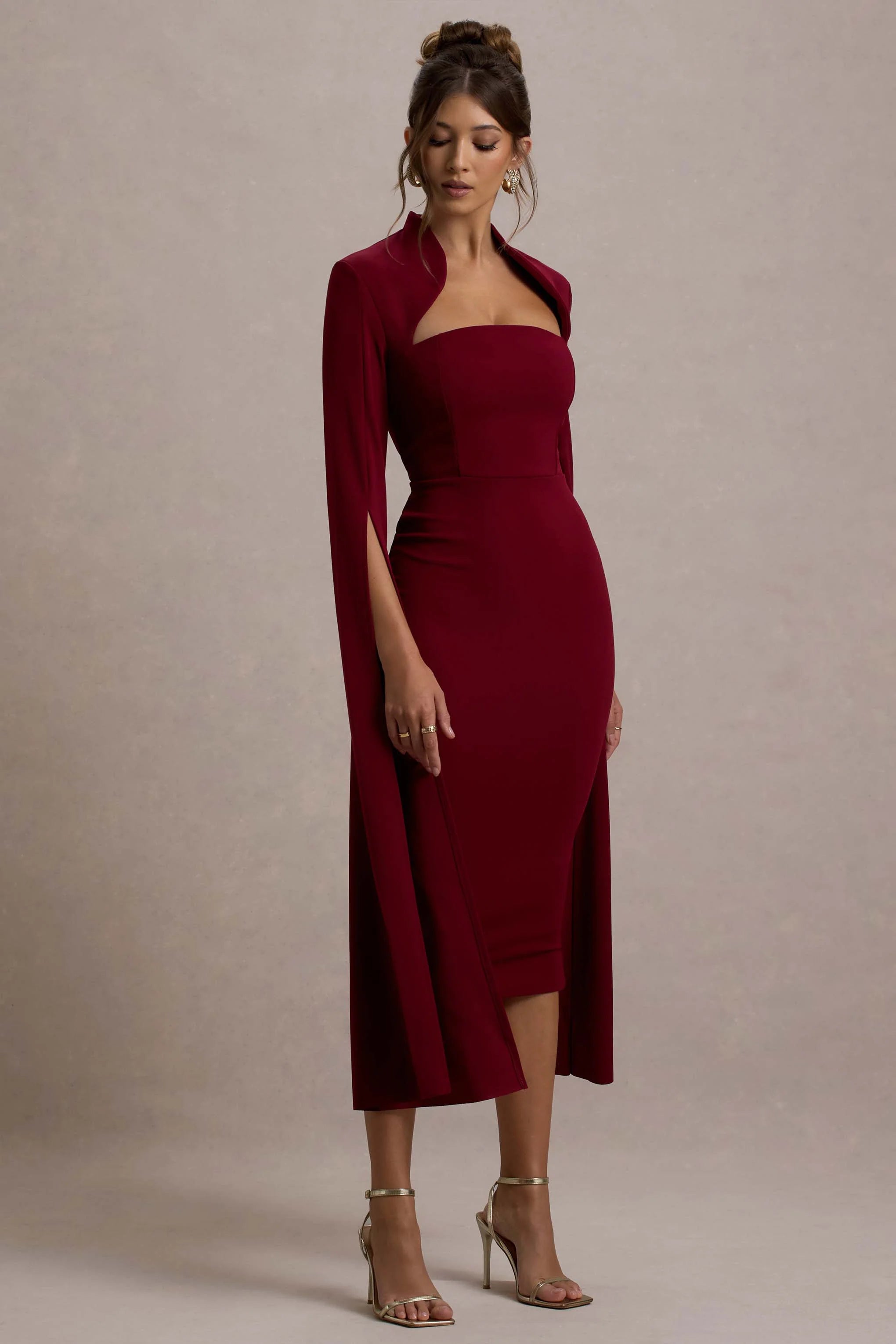 Linden Berry Bodycon Cape Sleeve Midi Dress