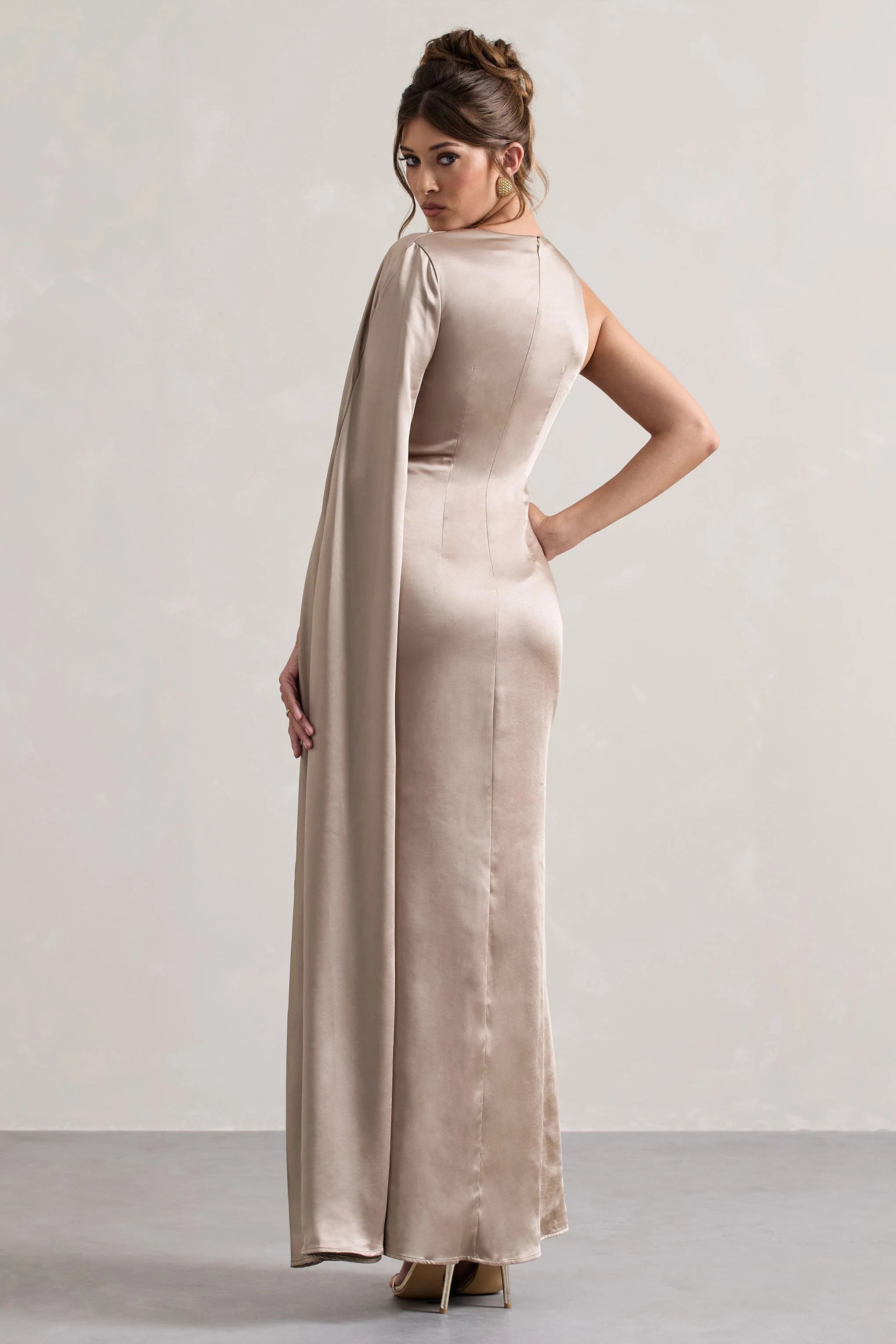 Gala Taupe Satin One Shoulder Cape Sleeve Split Maxi Dress