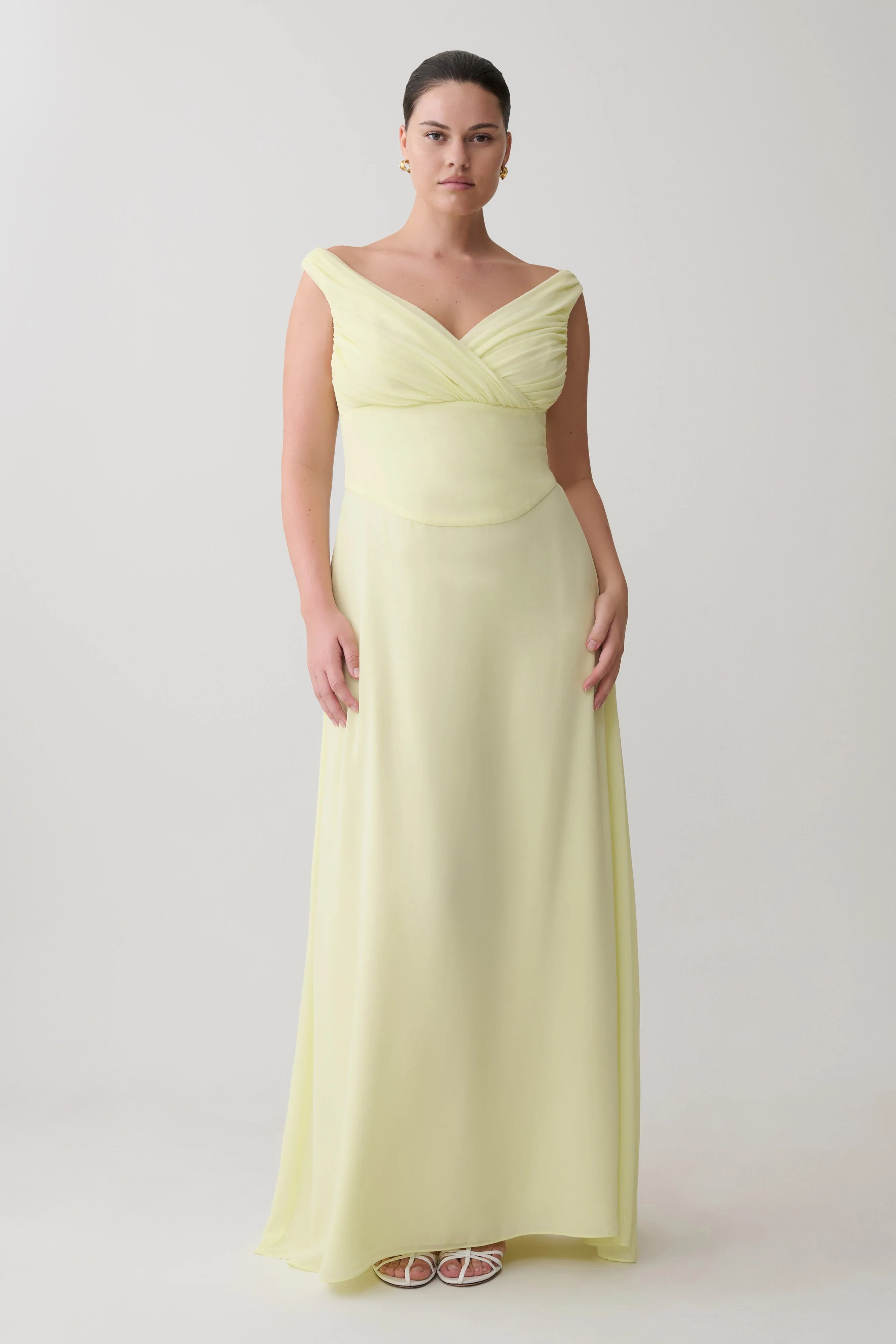 Mabel Off Shoulder Chiffon Maxi Dress Lemon