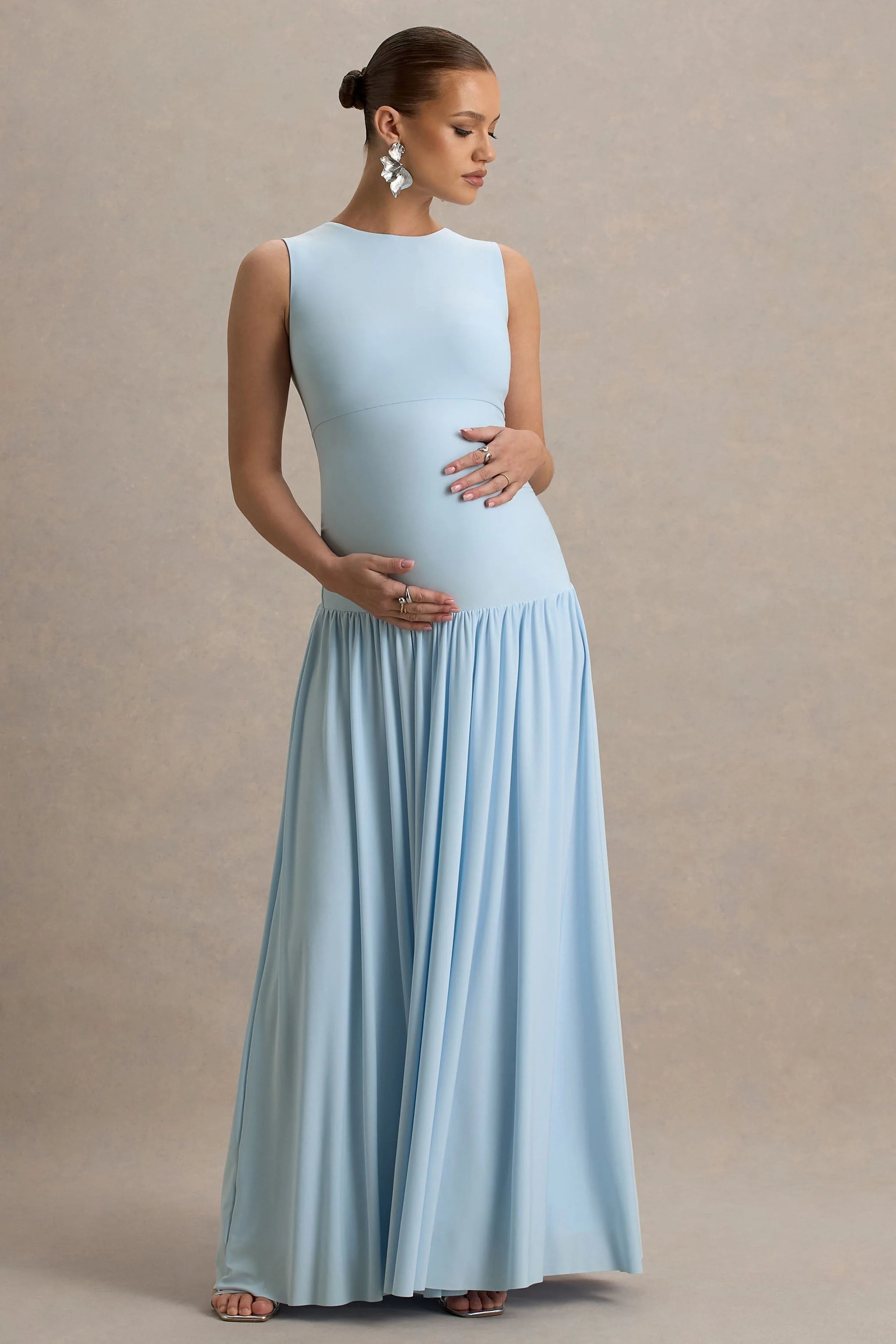 Outline Powder Blue Crew Neck Maternity Maxi Dress With Pleated Skirt