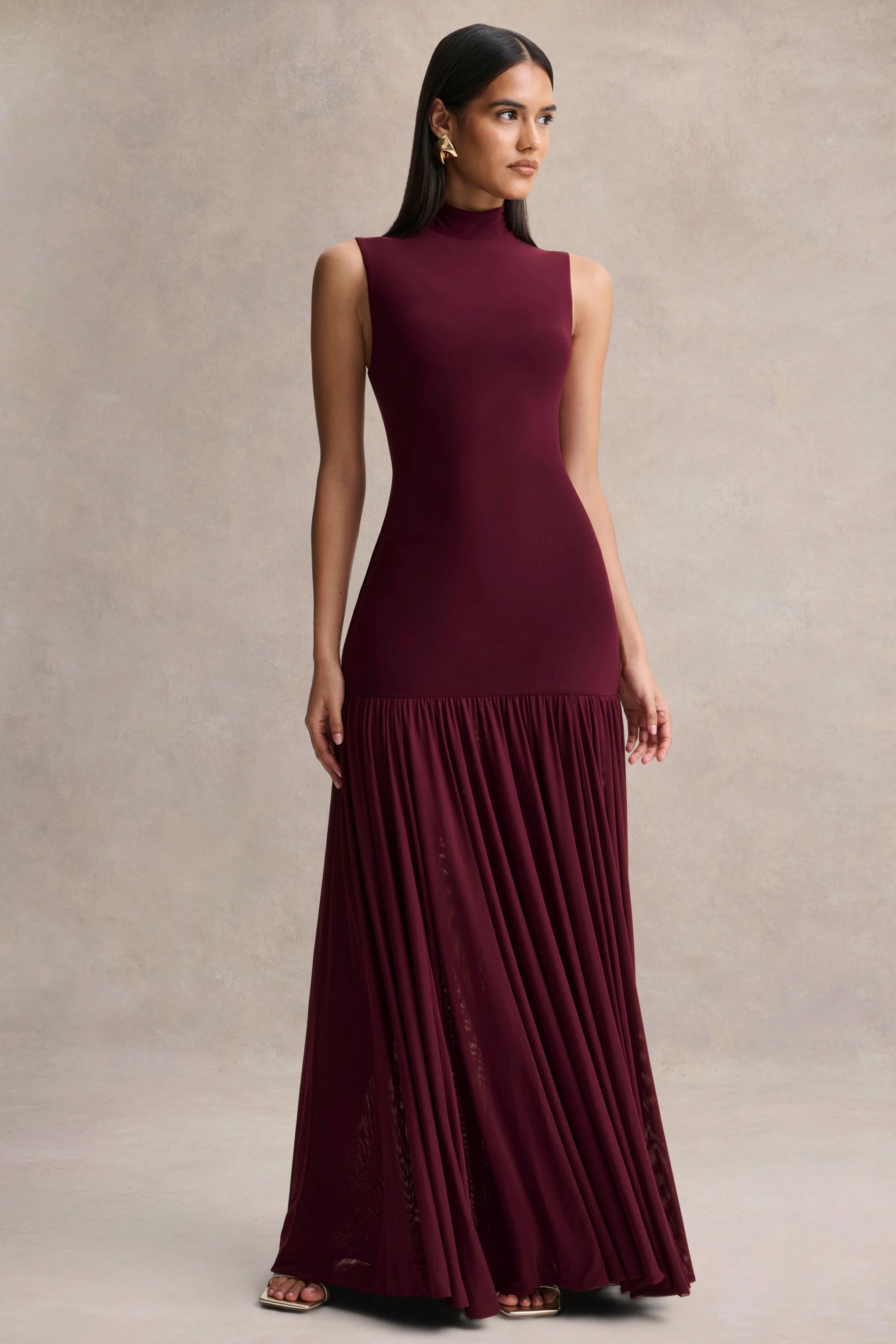 Gigi Burgundy High Neck Maxi Dress With Drop Waist And Sheer Skirt