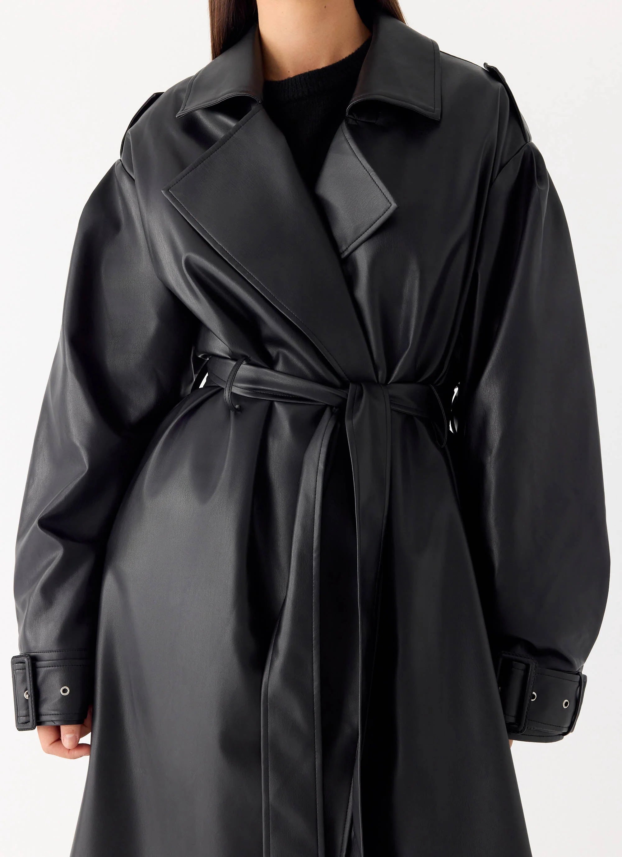 Out On The Town Faux Leather Midi Trench Black