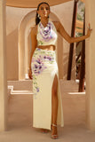 Stassi Lilac Floral Placement Print Ruched Split Maxi Skirt