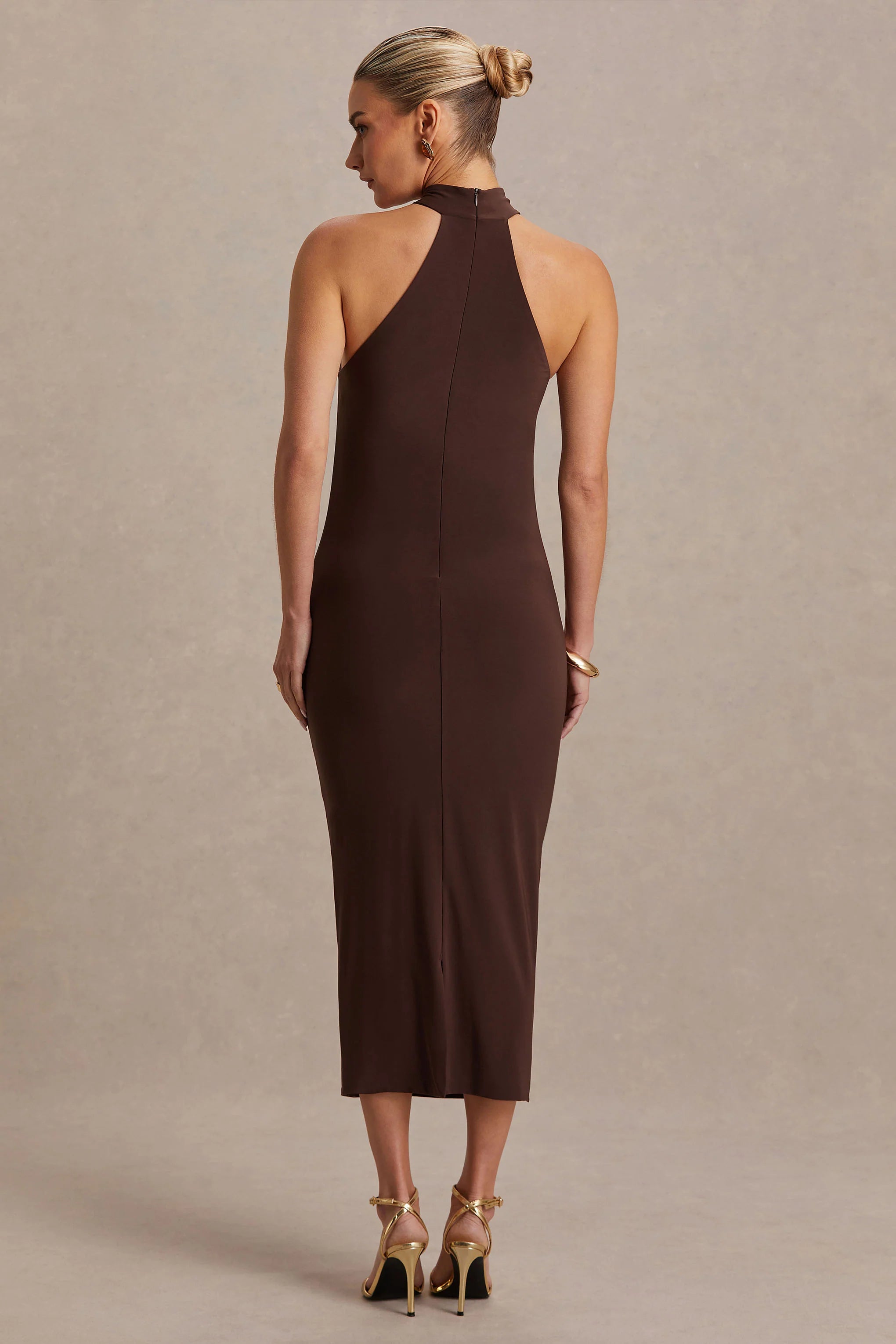 Mireille Brown Halter Neck Maternity Midi Dress