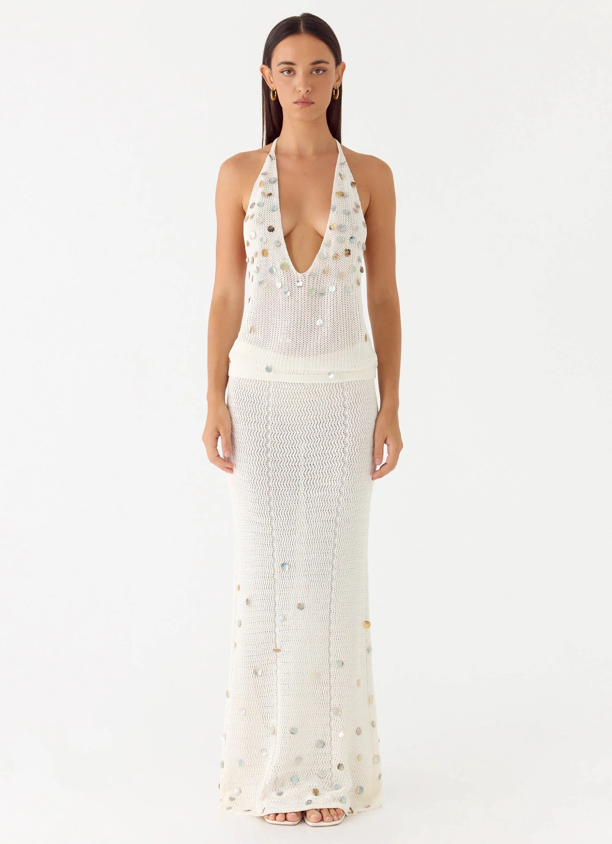Adelaida Beaded Crochet Maxi Skirt Ivory