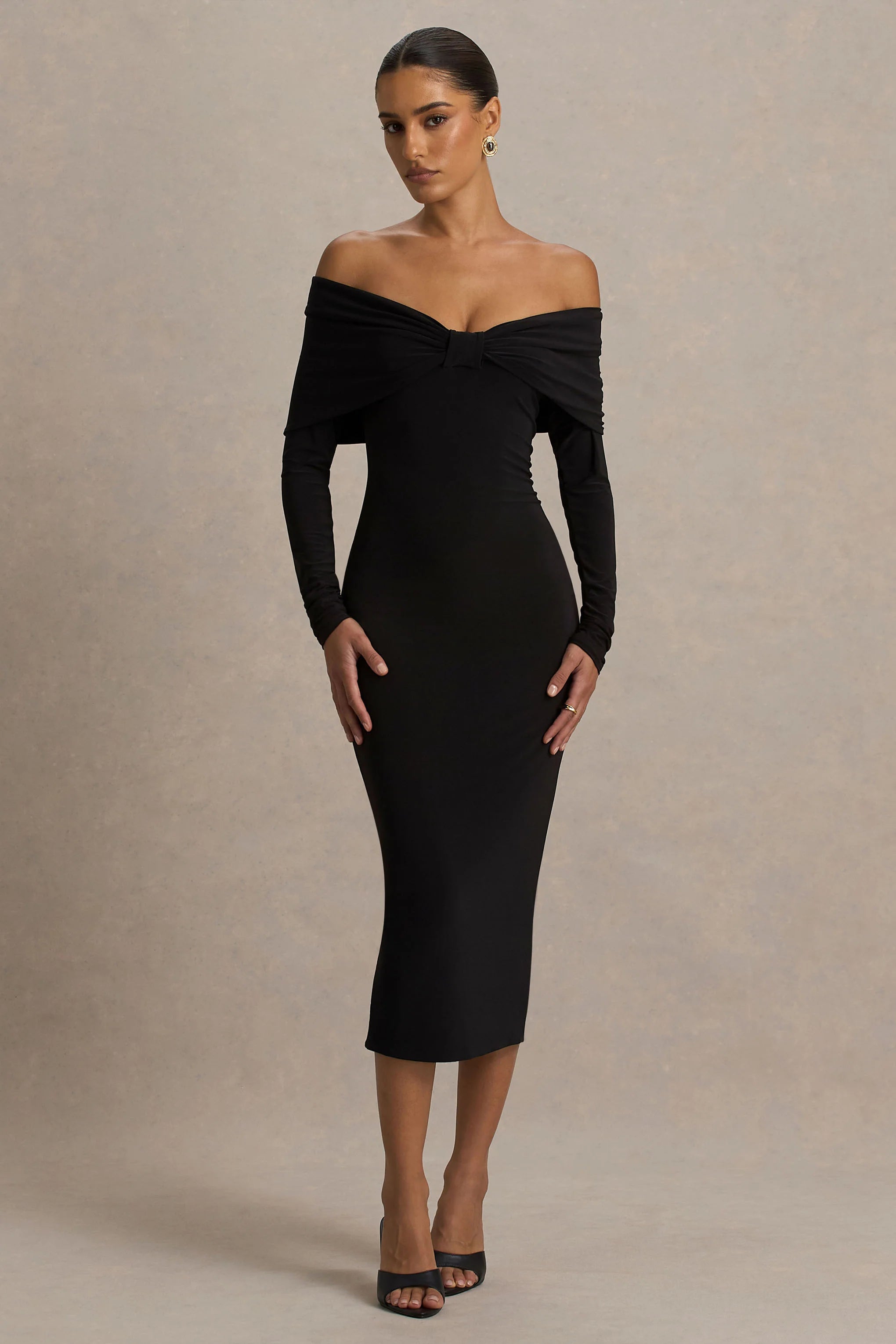 Spark Black Bardot Neck Midi Dress With Bow Detail