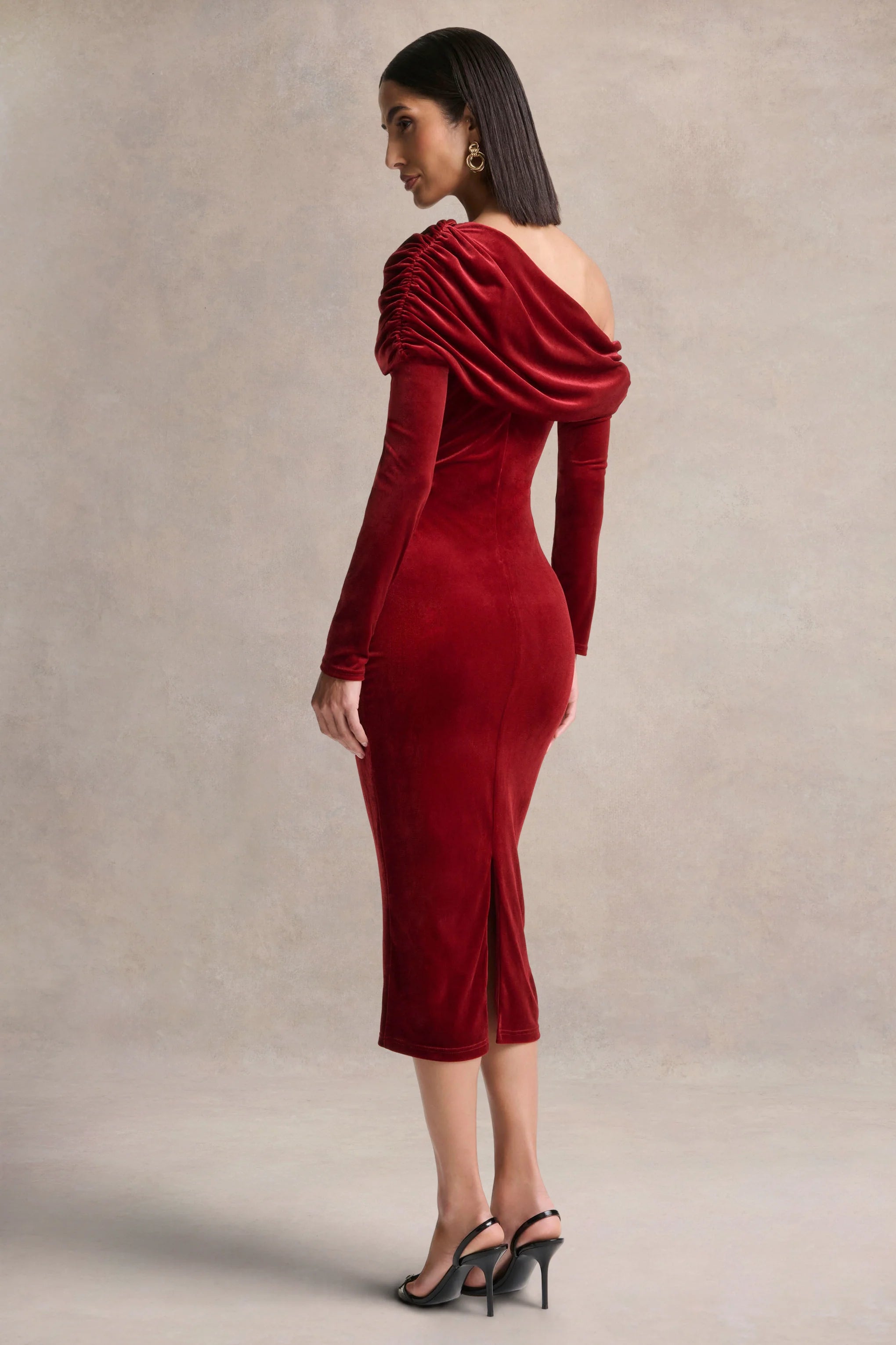 Eirene Red Velvet Asymmetric Neck Midi Dress