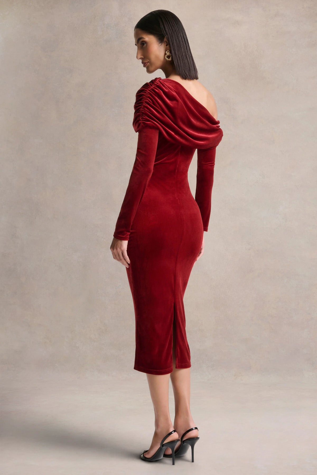 Eirene Red Velvet Asymmetric Neck Midi Dress