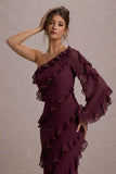 Lalika Burgundy Asymmetric One Sleeve Ruffle Maxi Dress