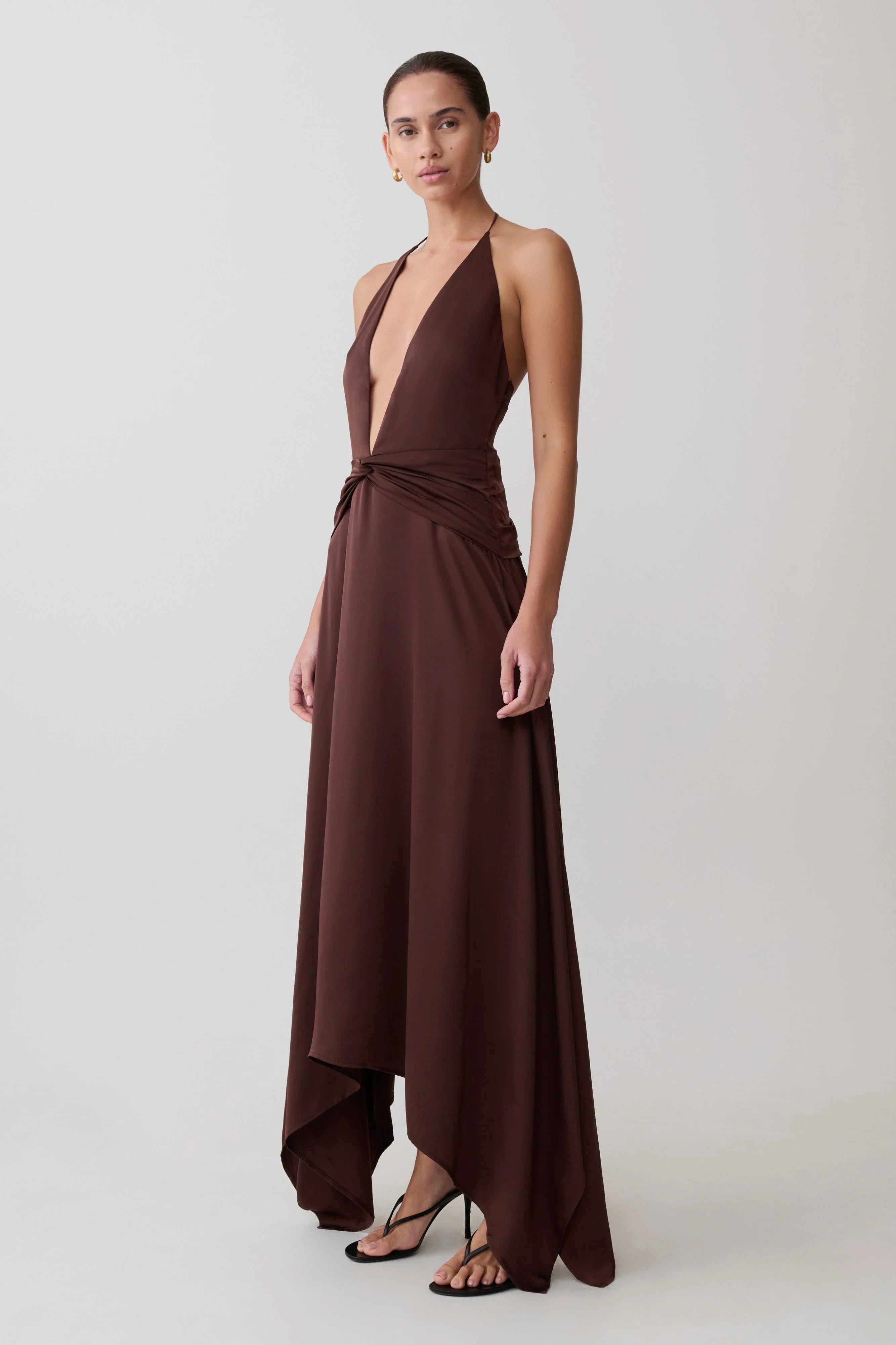 Cyra Plunge Satin Midi Dress Dark Chocolate
