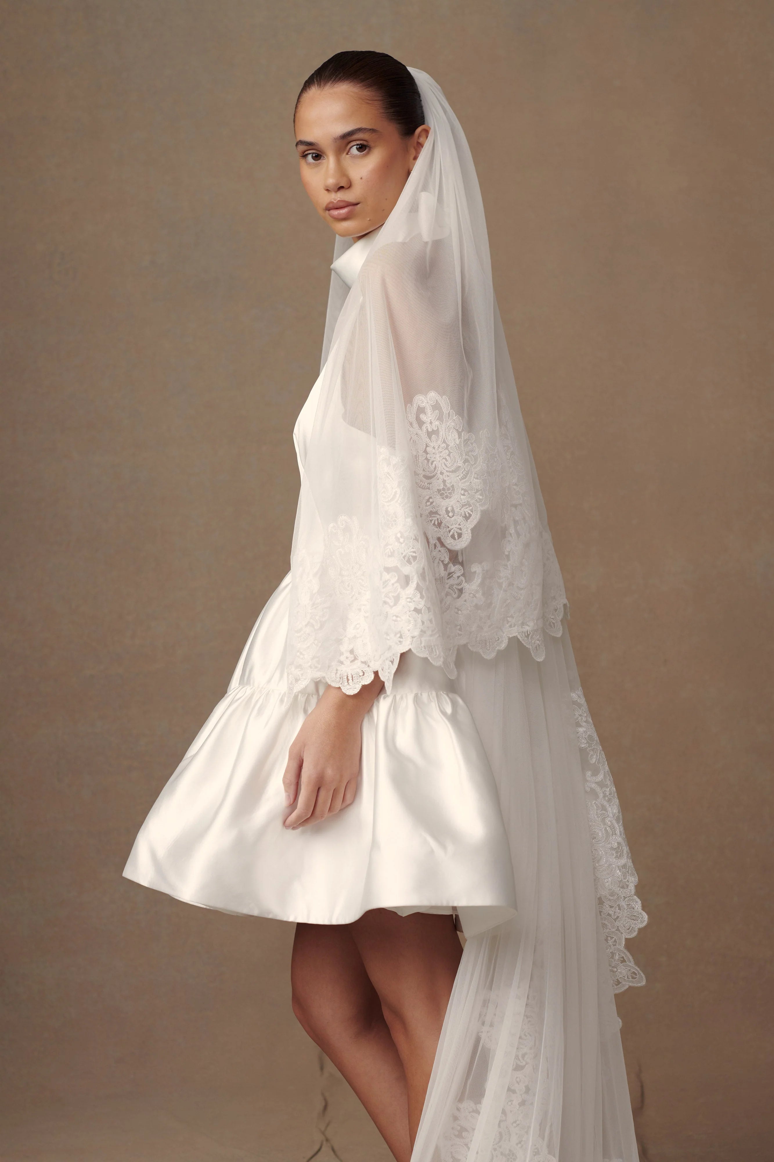 Paulette Lace Trim Veil White