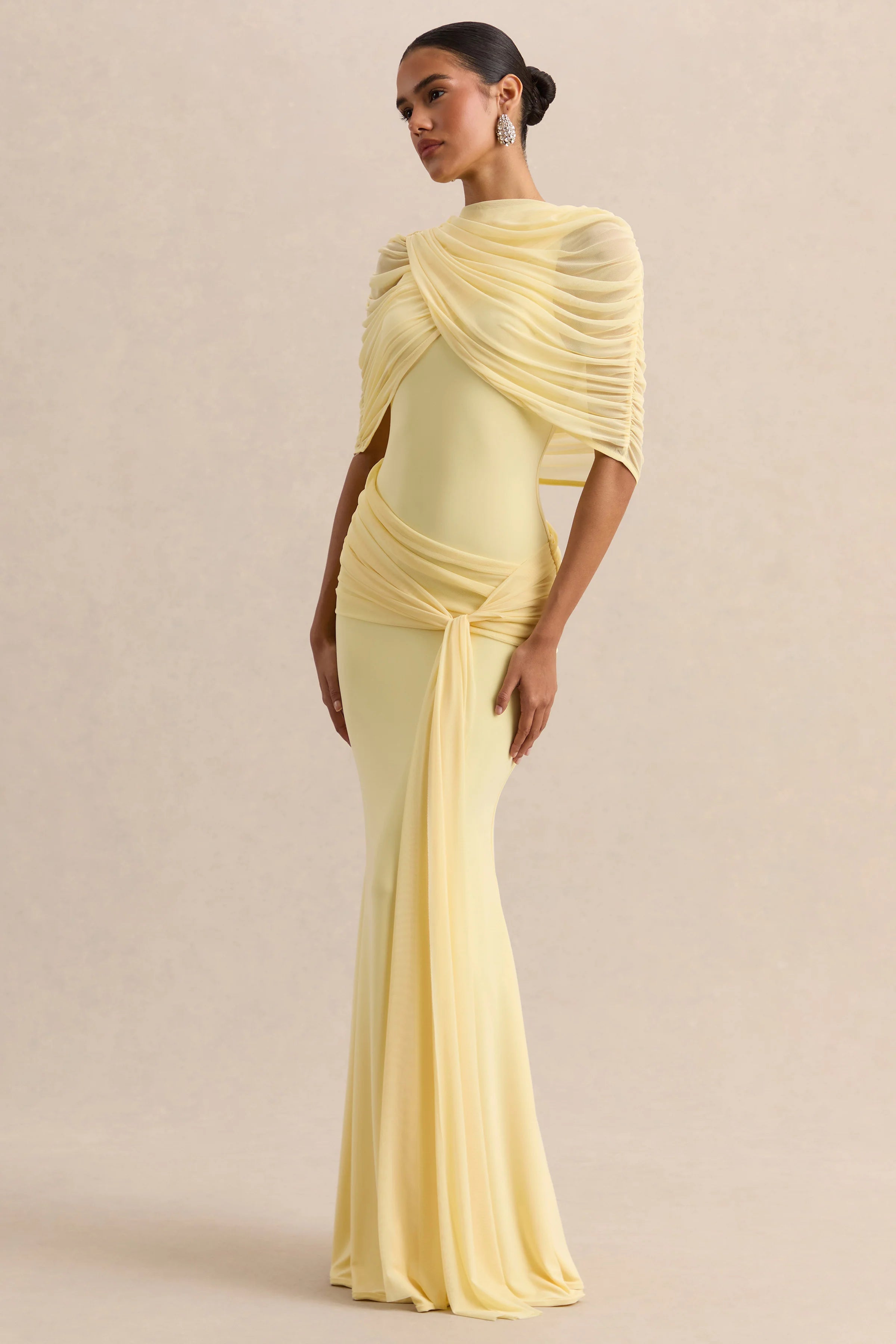Mirene Lemon Round Neck Maxi Dress With Gathered Detailing And Sash