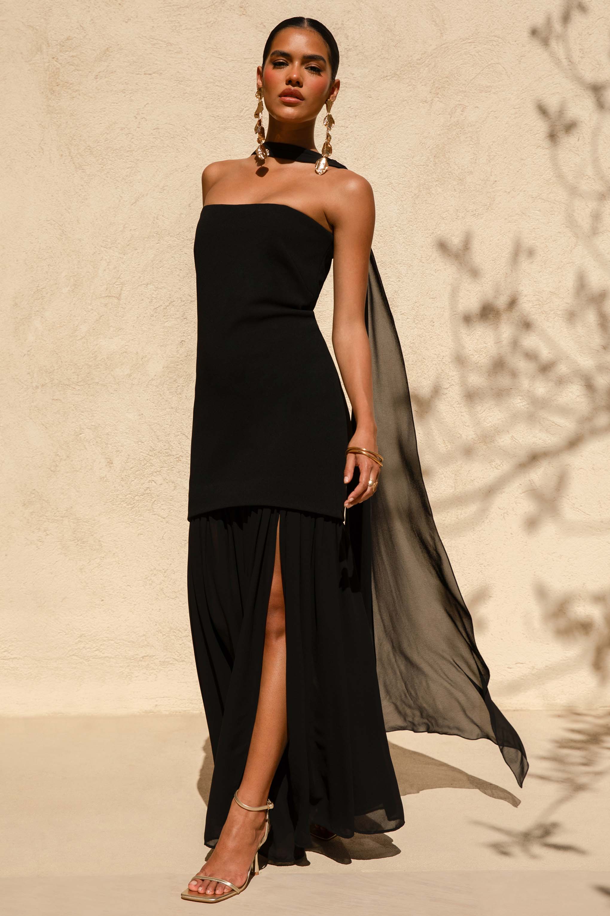 Kylie Black High Neck Maxi Dress With Chiffon Skirt