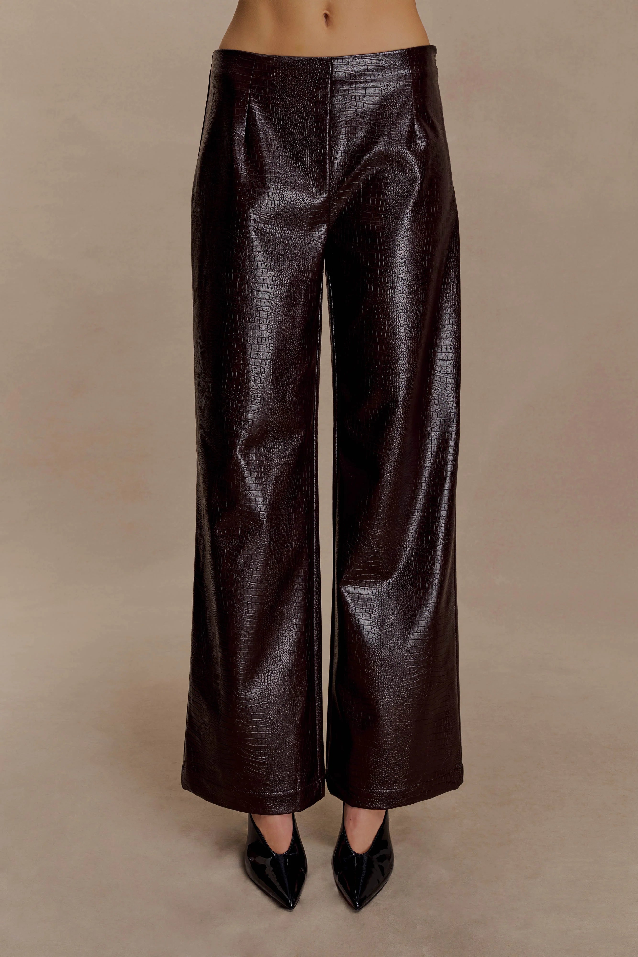 Henry Croc Faux Leather Straight Leg Pants Dark Chocolate