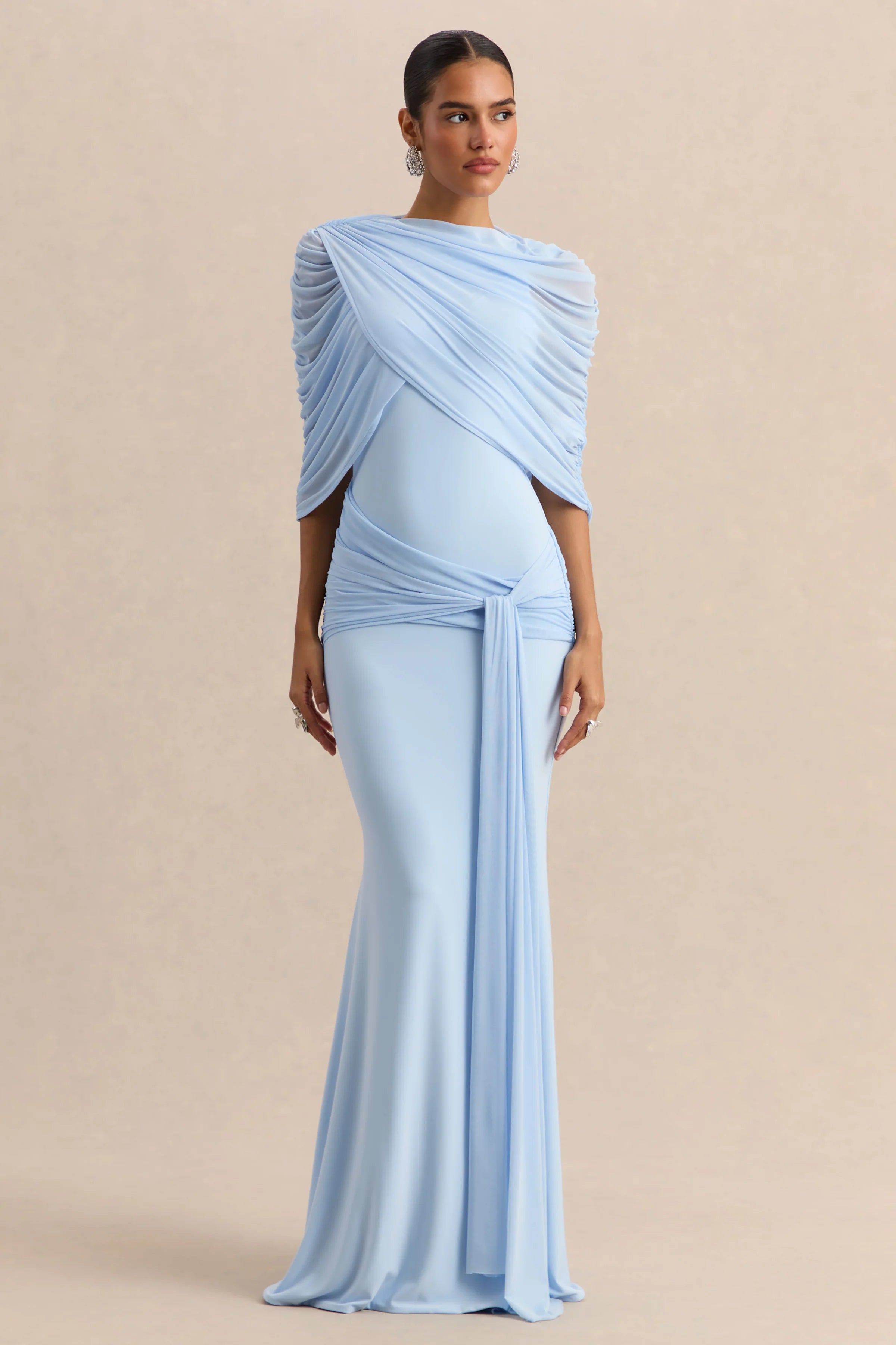 Mirene Powder Blue Round Neck Maxi Dress With Gathered Detailing And Sash