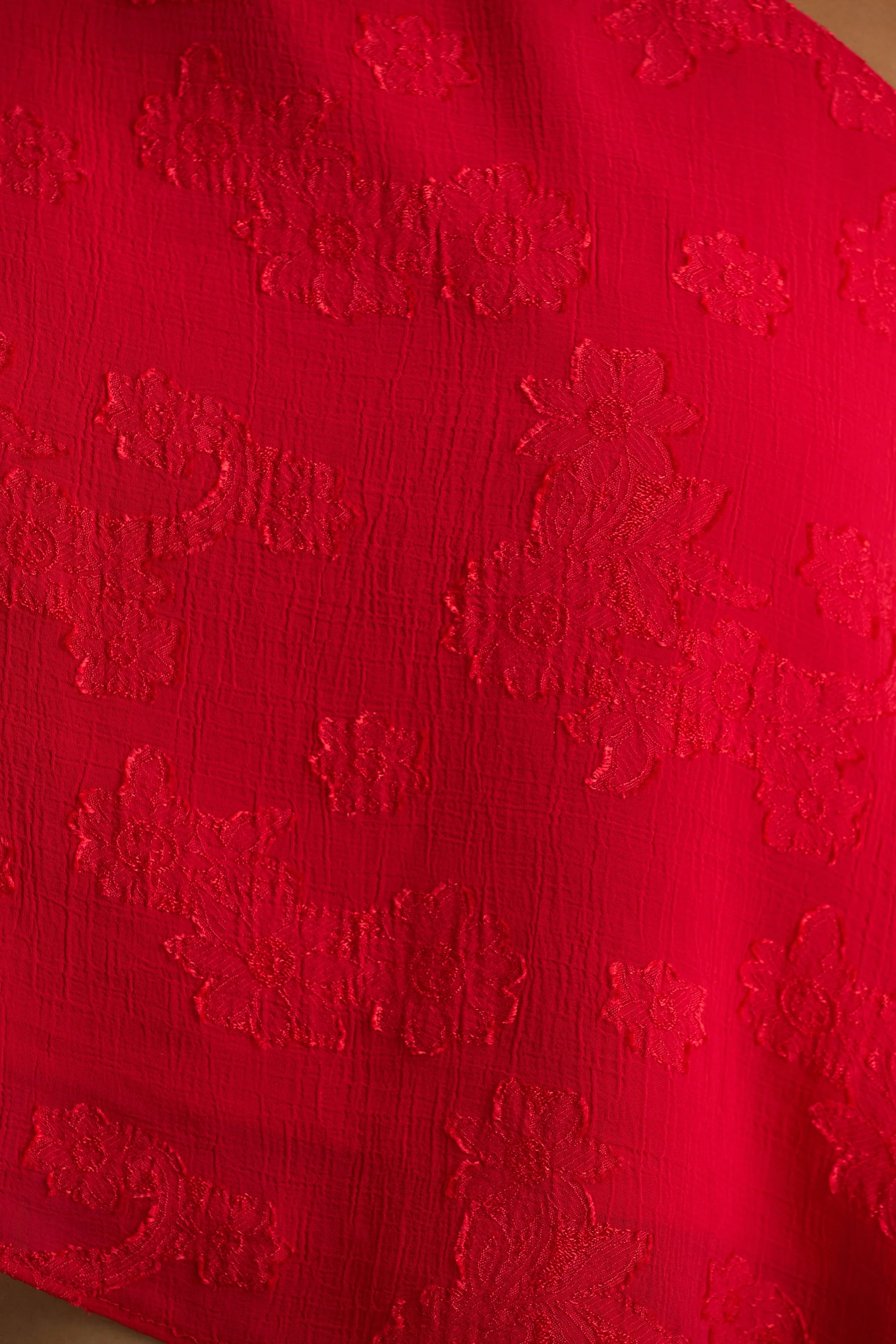 Aruba Red Satin Devore Asymmetric Long Sleeve Crop Top