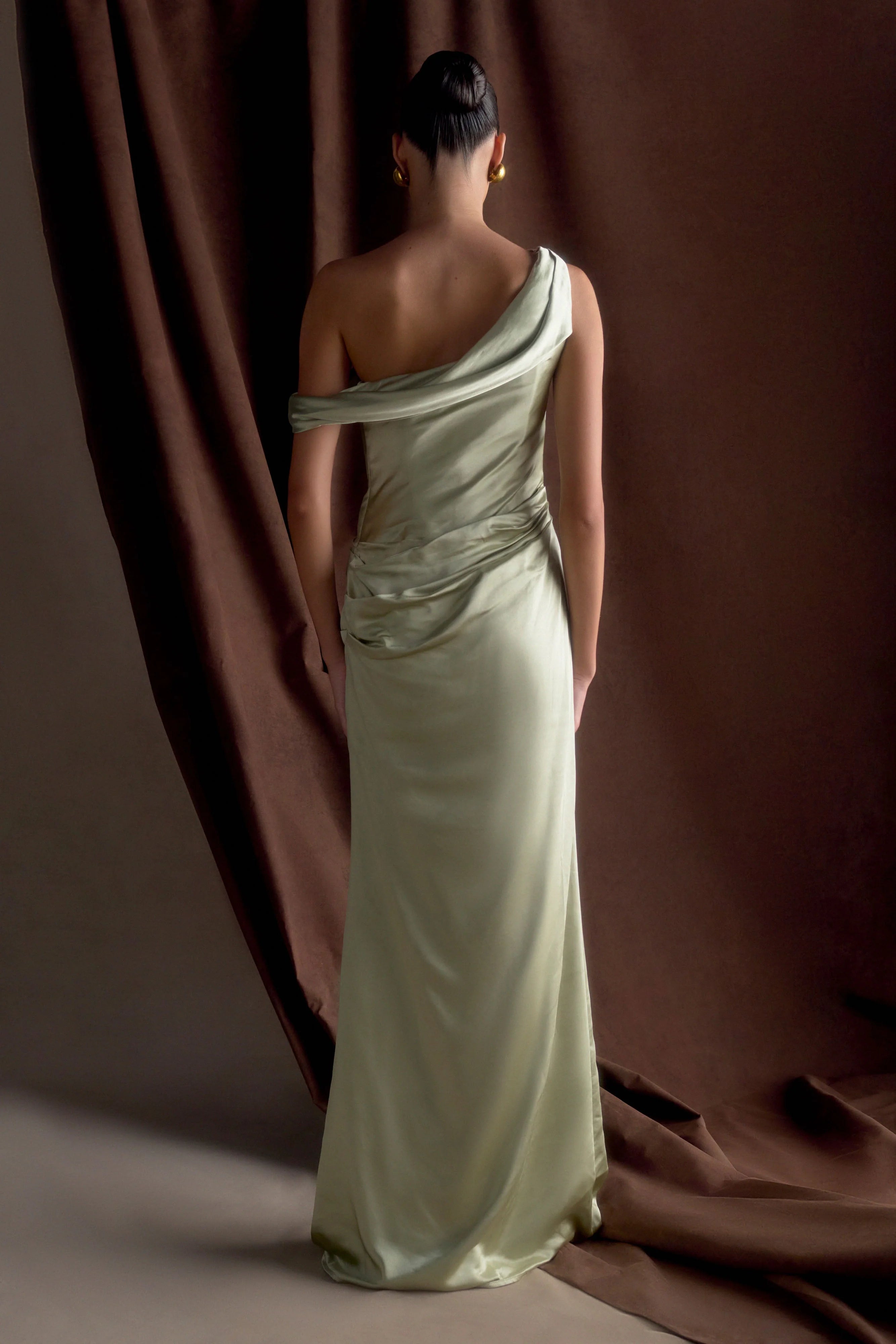 Dalia Off Shoulder Satin Maxi Dress Sage