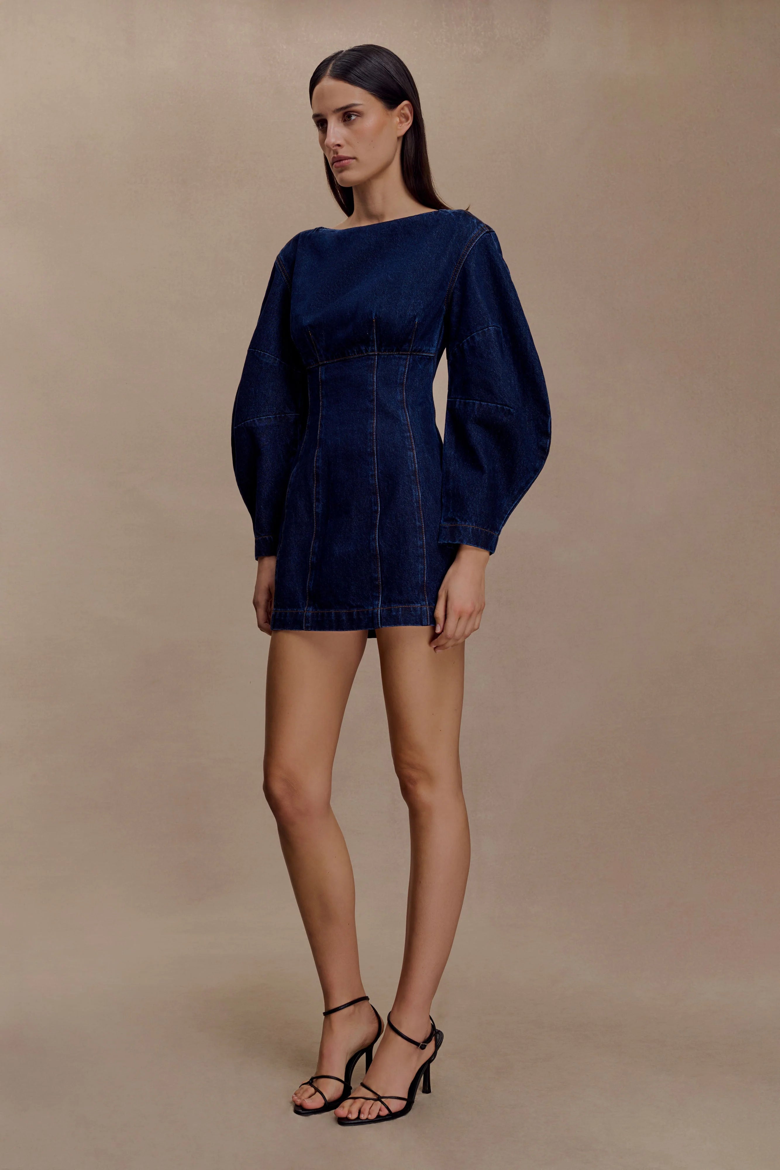 Cosmala Denim Long Sleeve Mini Dress Indigo Blue