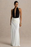 Tilly Black And White Extreme Plunge Neck Maxi Dress With Wrap And Ruched Details