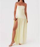 Women Tube Top Dress Tiger Stripe Mesh Patchwork Maxi Dress Strapless Sexy High Slit Long Dresses Beach Vacation