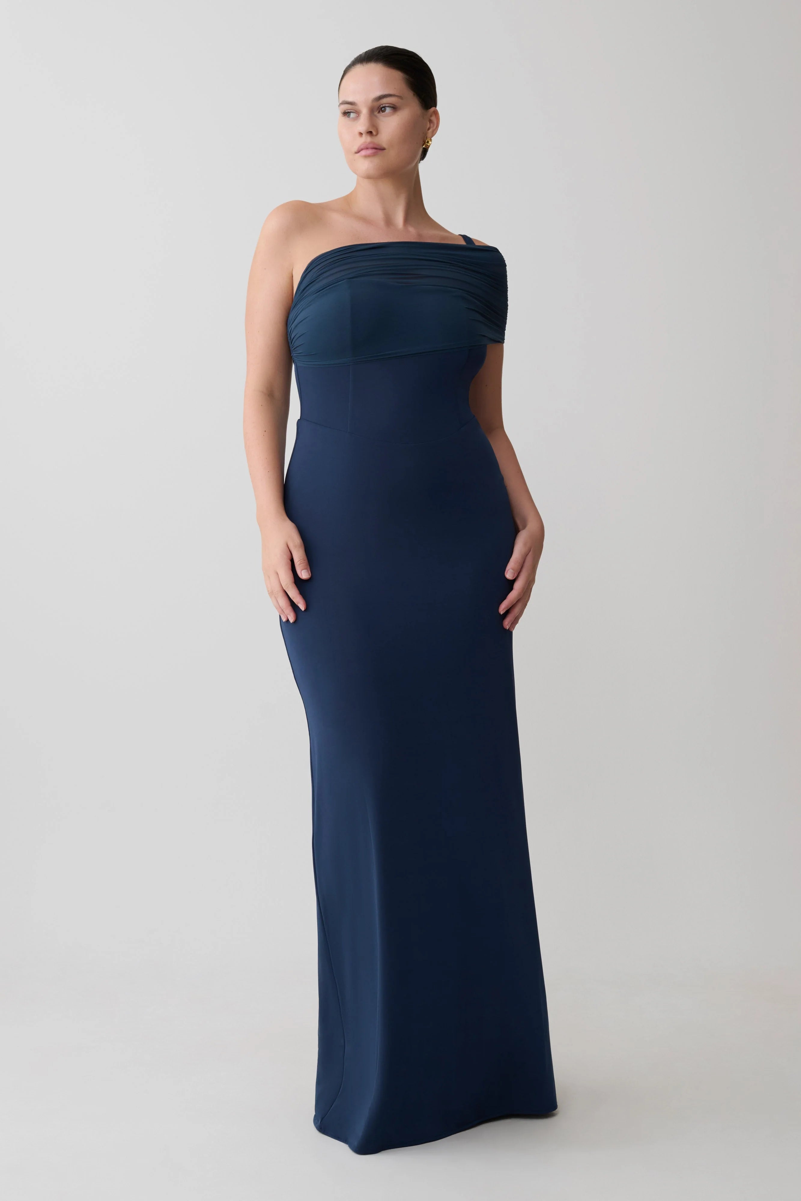 Hanh One Shoulder Mesh Maxi Dress Ink Blue