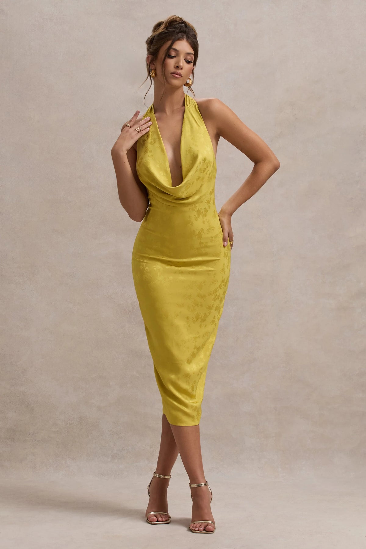 Maciza Mustard Satin Jacquard Cowl Neck Midi Dress