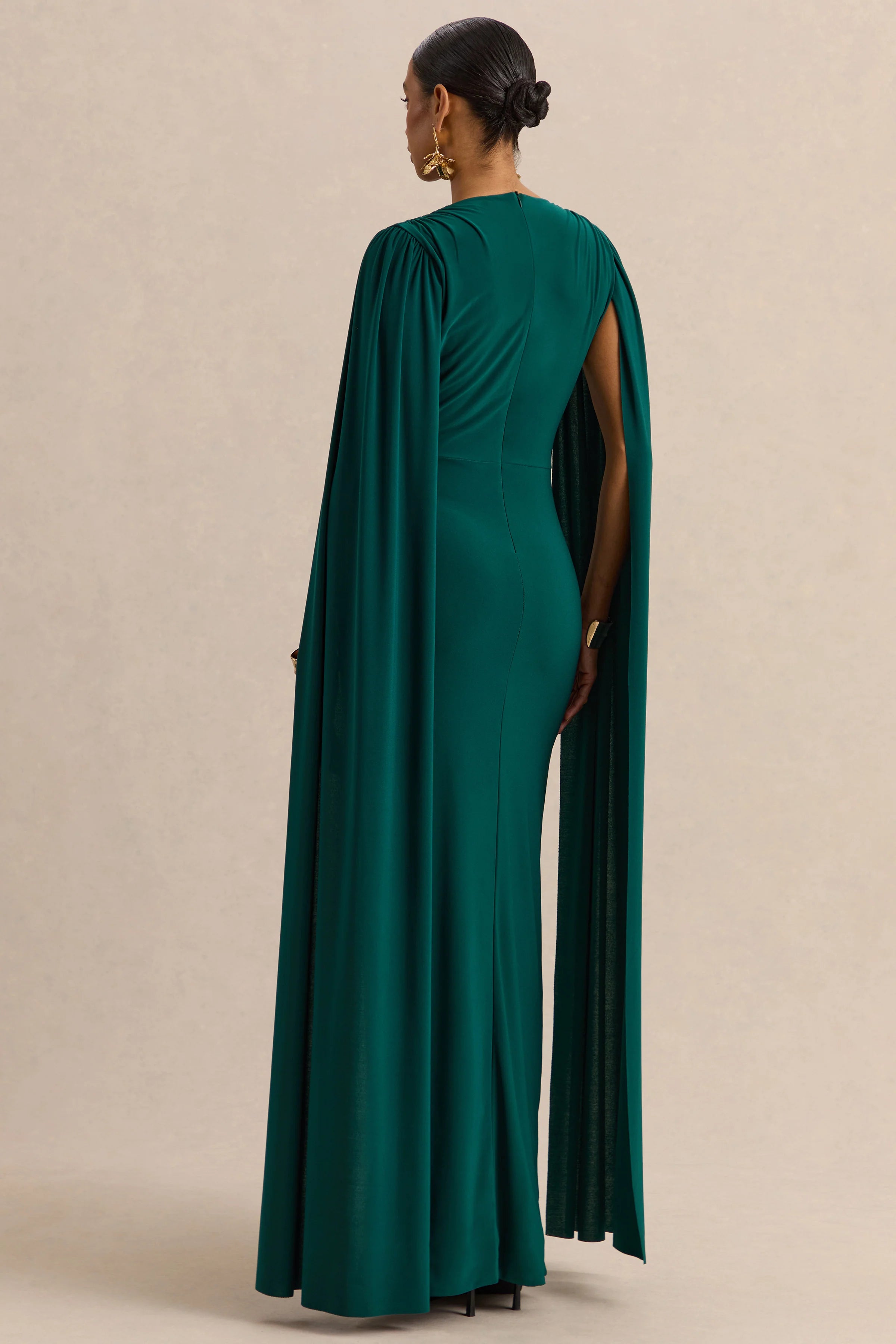Ulissia Bottle Green V Neck Maxi Dress With Cape Sleeves